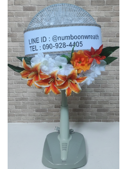 พวงหรีดพัดลม_16นิ้ว ช่อดอกไม้ โทนส้ม(พัดลมปรับระดับได้)
