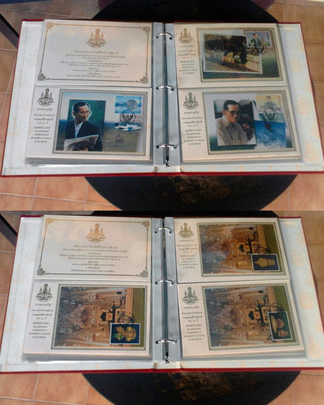 สมุดรวมอัลบั้มแสตมป์ ชีท ตรา และแผ่นตราไปรษณียากร ที่ระลึกชุด ในหลวงครองราชย์ ครบ 50 ปี พ.ศ.2539 มีกล่องนอก พร้อมสมุดยกเล่ม รวม 29 หน้า