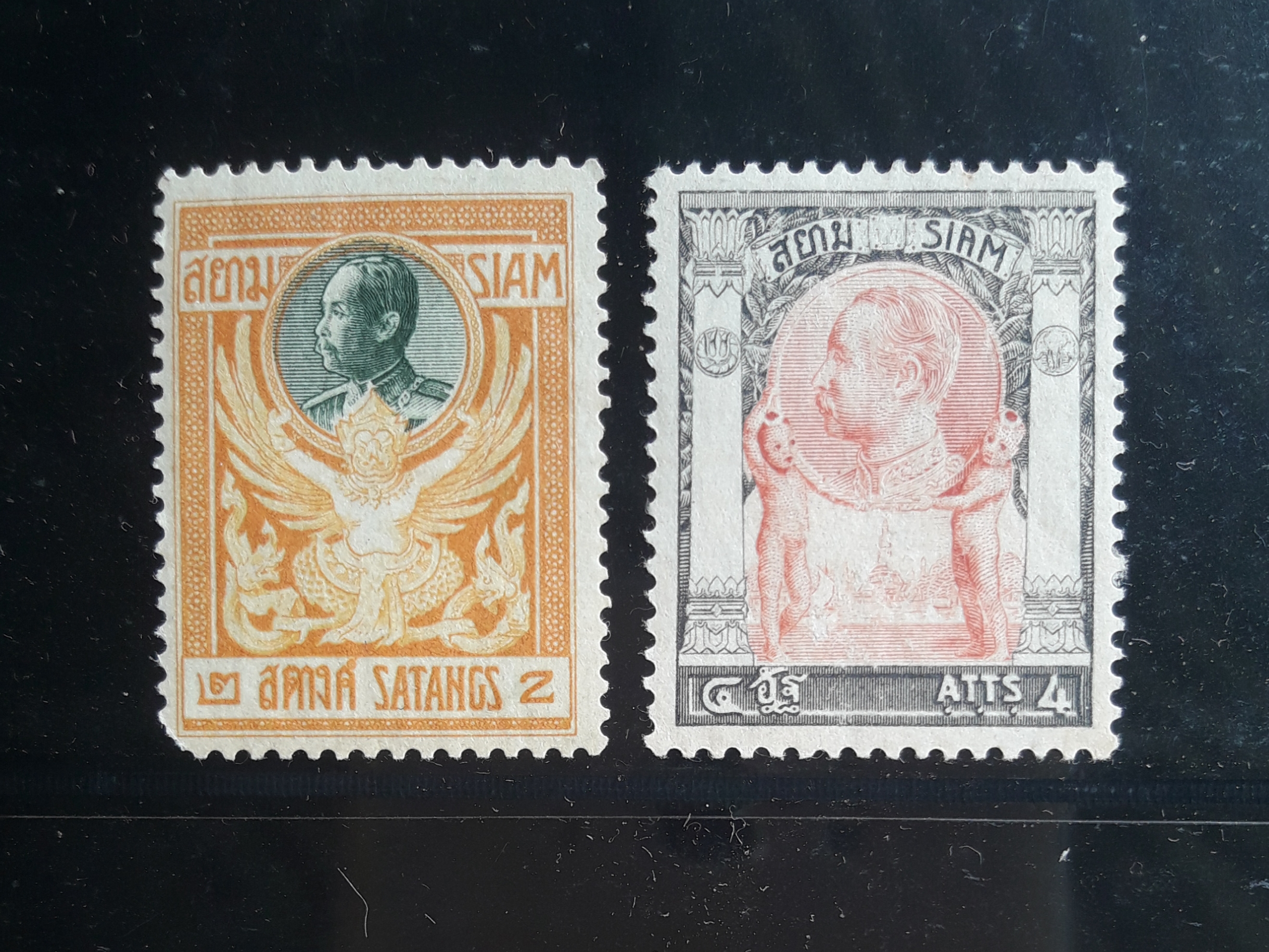 s3262-แสตมป์รัชกาลที่ 5 ครุฑพ่าห์ ปี 2453 + วัดแจ้ง ปี 2448 ยังไม่ใช้ 2 ดวง มีกาว ราคาเบา หายาก น่าสะสมครับ