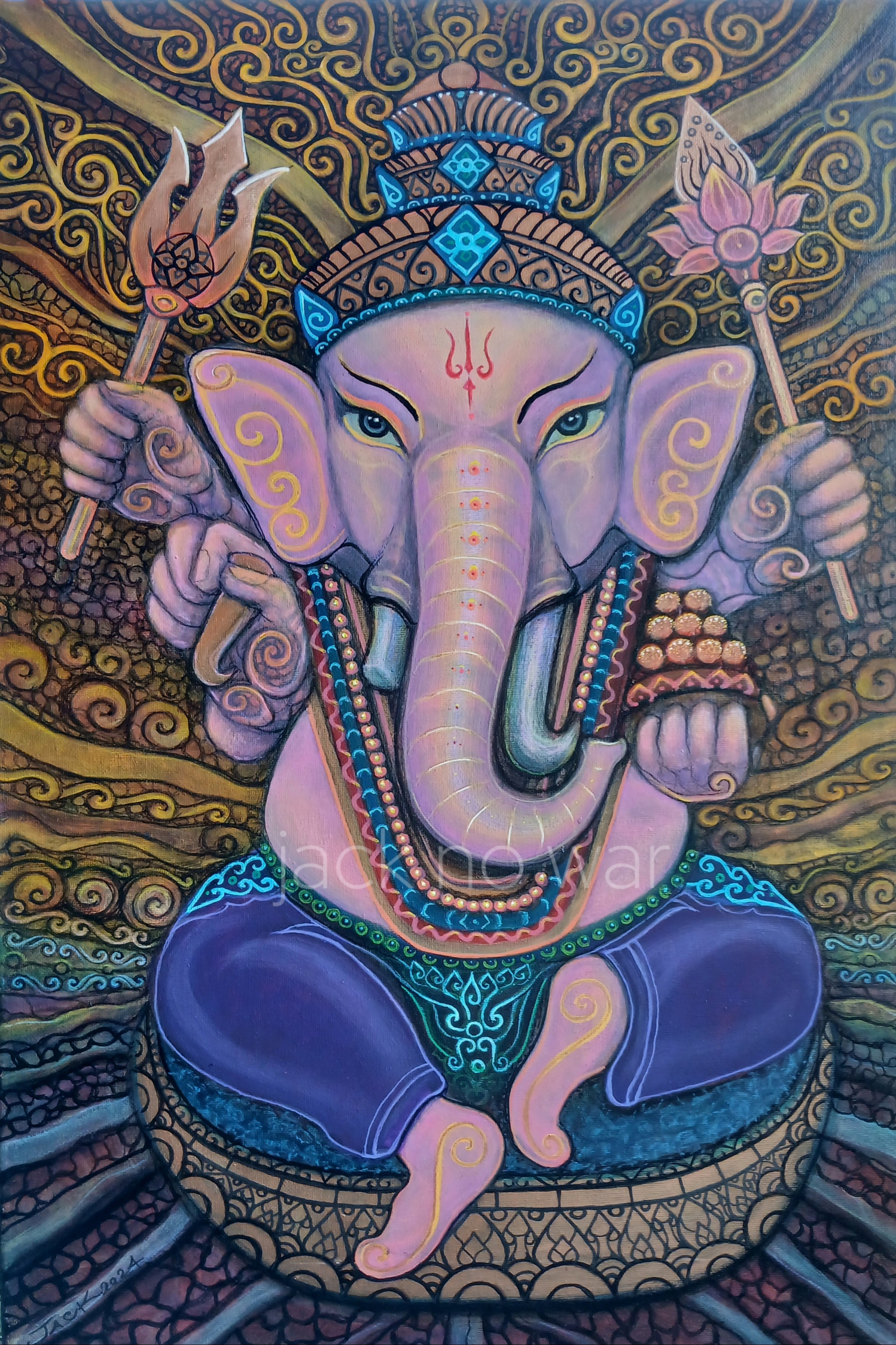 GANESHA พระพิฆเนศ ภาพวาดสีอะครีลิคบนเฟรมผ้าใบ ขนาด 40 cm. x 60 cm. (งานวาดต้นฉบับ มีชิ้นเดียว ไม่ใช่ภาพพิมพ์หรือโปสเตอร์)