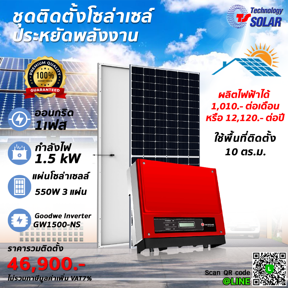 ชุดติดตั้งโซล่าเซลล์ 1.5 kW ออนกริด พร้อมติดตั้ง