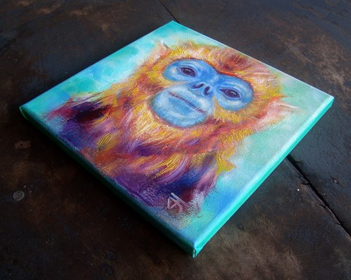 "Golden Monkey" ภาพวาดสีน้ำมัน เทคนิคเกรียงปาดสี งานเพ้นท์บนเฟรมผ้าใบ canvas ขนาด 20 x 20 cm.