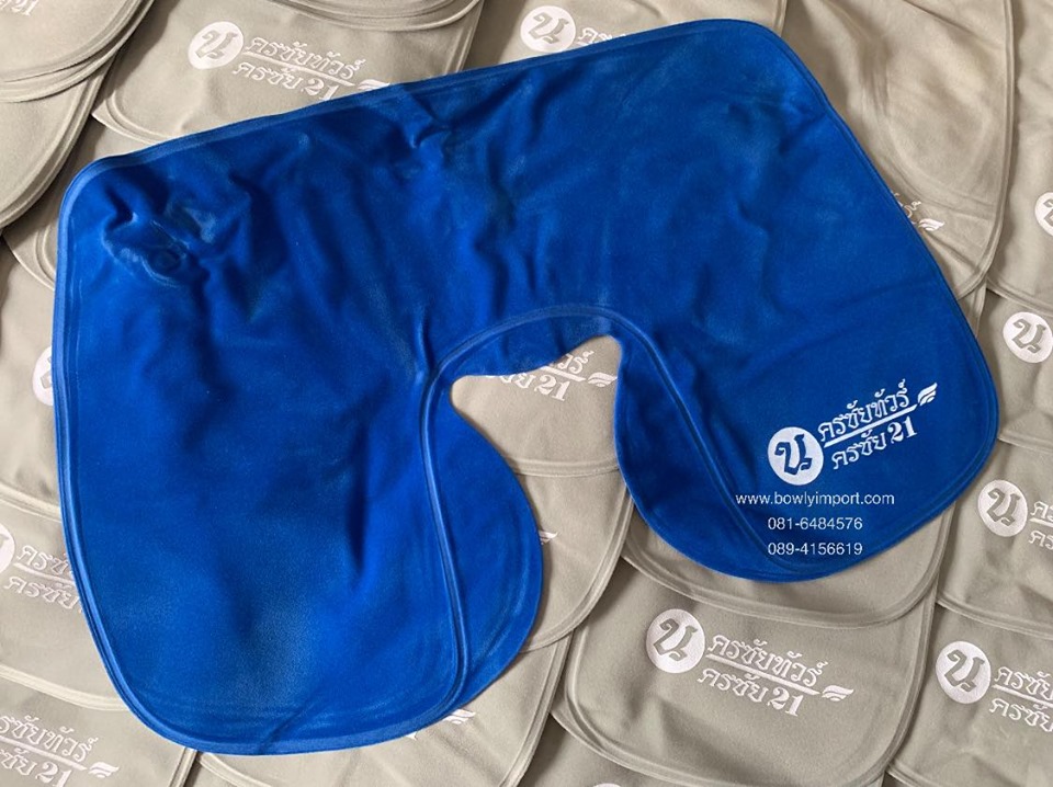 หมอนรองคอเป่าลม เนื้อผ้ากำมะหยี่ พร้อมสกรีนโลโก้