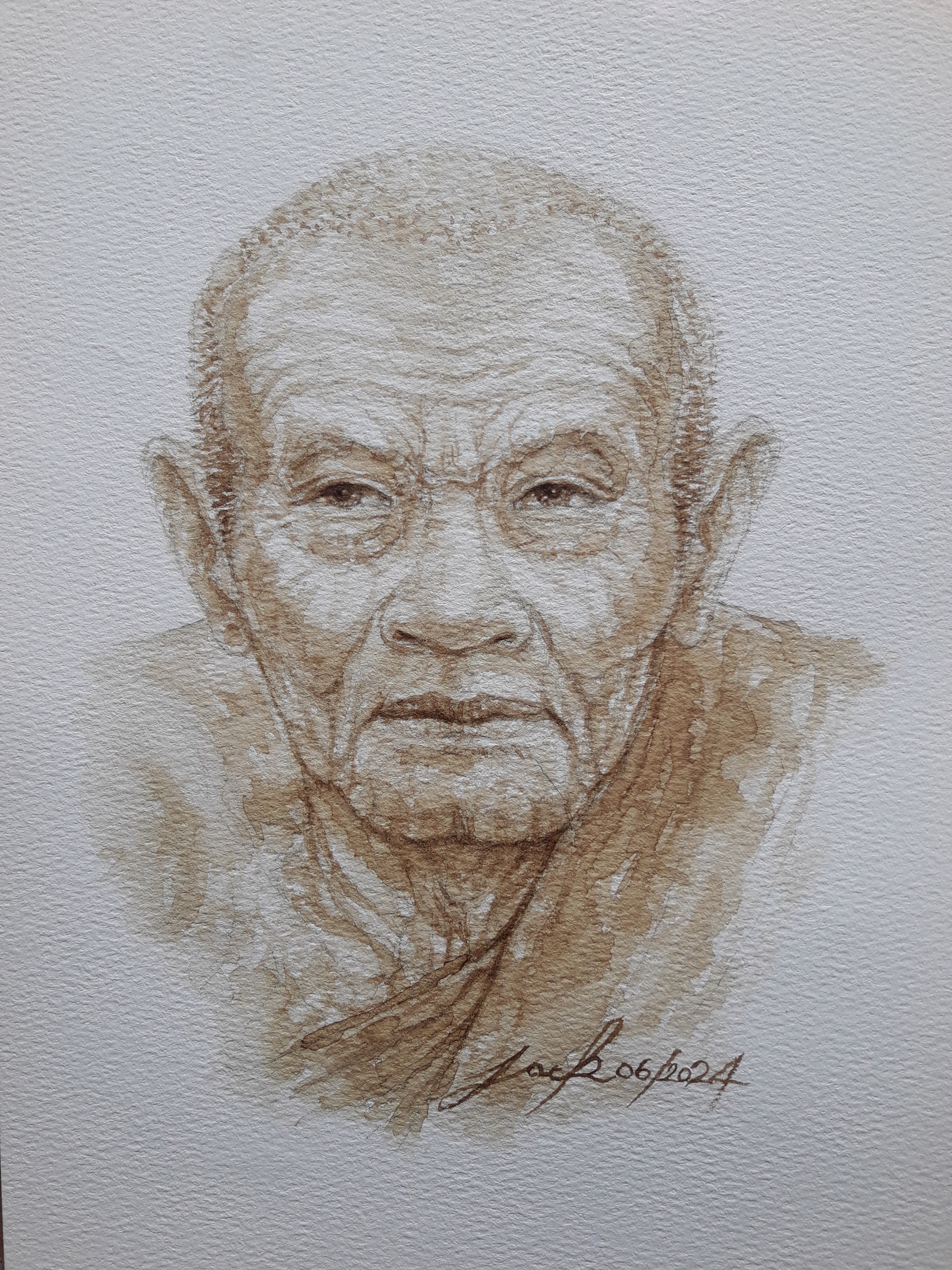 หลวงปู่ทวด วัดช้างให้ ปัตตานี ภาพวาดจากกาแฟ บนกระดาษ 300 แกรม ขนาด [A4] 31 cm. x 21 cm.งานวาด ไม่ใช่ภาพพิมพ์หรือโปสเตอร์ครับ