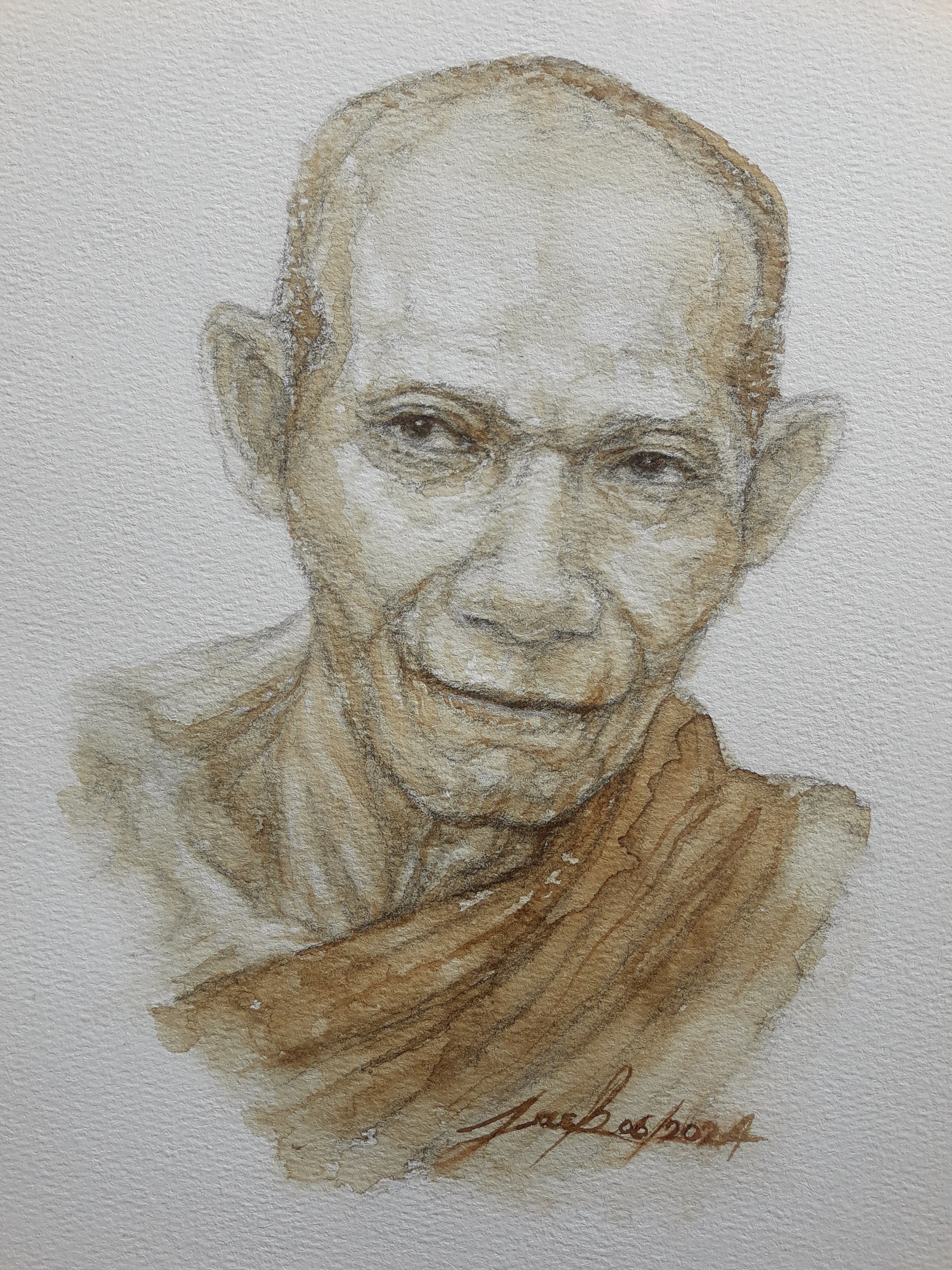 หลวงพ่อเกษม เขมโก สุสานไตรลักษณ์ ลำปาง ภาพวาดจากกาแฟ บนกระดาษ 300 แกรม ขนาด [A4] 31 cm. x 21 cm.งานวาด ไม่ใช่ภาพพิมพ์หรือโปสเตอร์ครับ