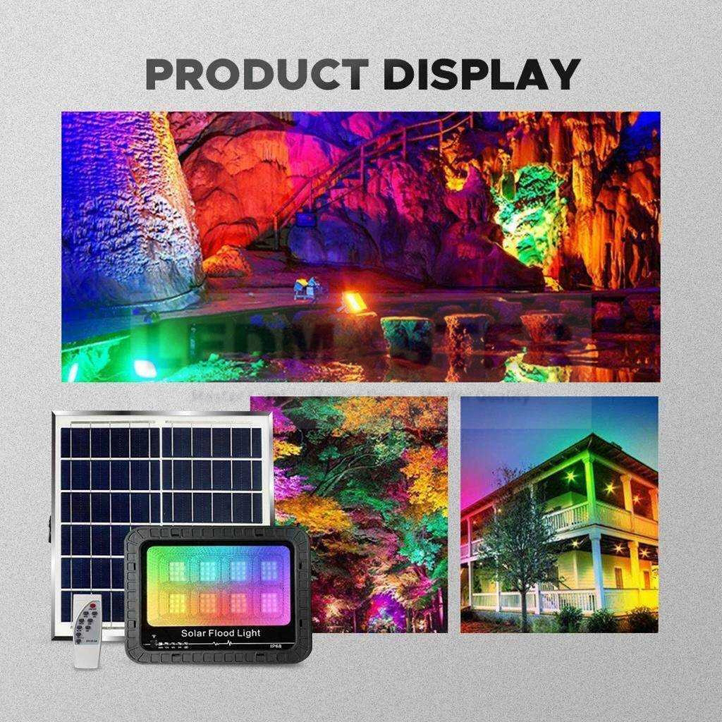 2024 ไฟปีใหม่ สปอร์ตไลท์ LED โซล่าเซลล์ 400W 300W แสง RGB+Daylight ปรับค่าเเสงไฟกระพริบได้ IP68 Spotlight RGB Solar ไฟ