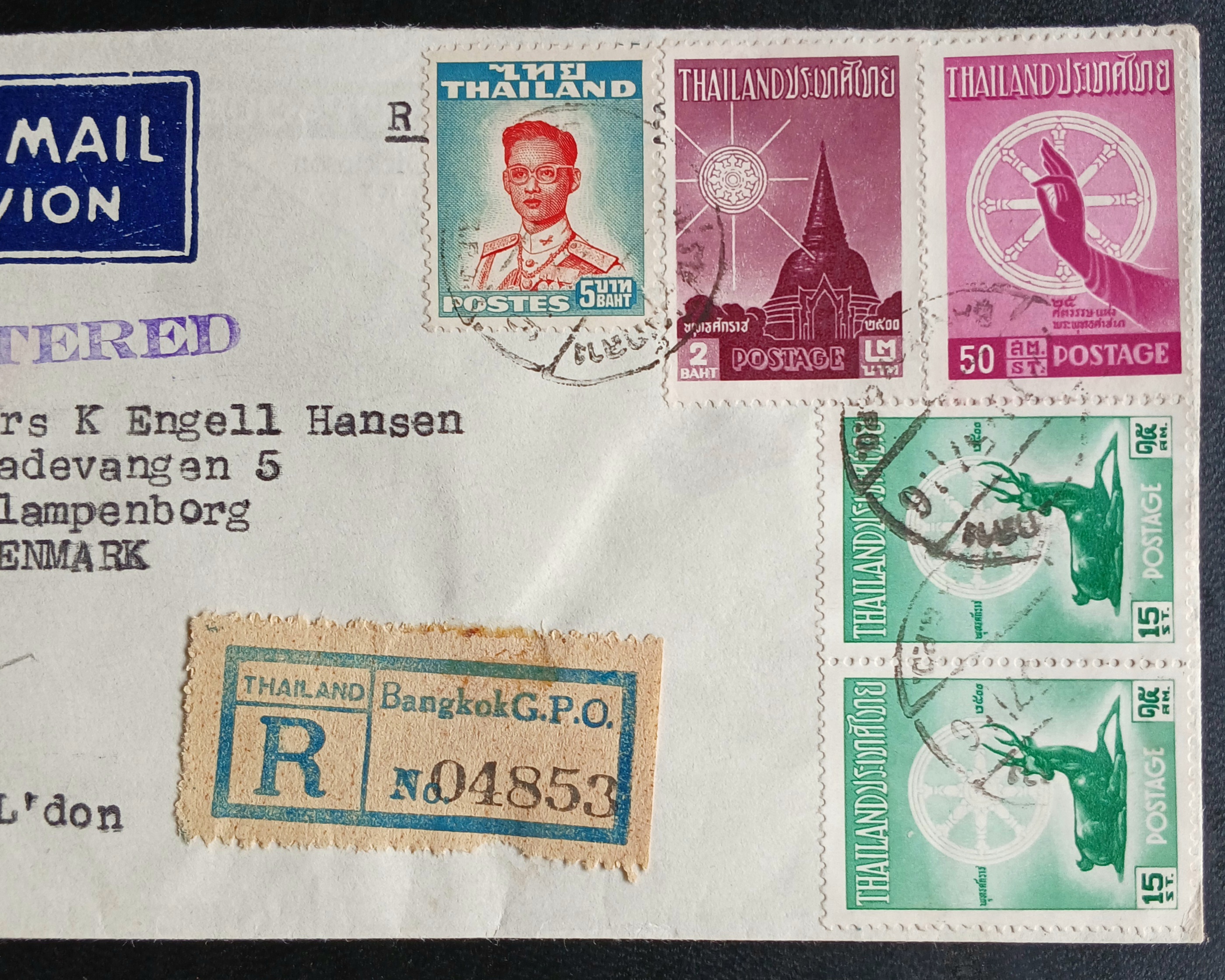 s3483-ซองจดหมายเก่า BANGKOK-Klampenborg DENMARK ป้ายR ลงทะเบียน/REGISTERED ติดแสตมป์พระรูป ร.9 THAILAND ปี 2498, ฉลอง 25 พุทธศตวรรษ ปี 2500 (ราคาหน้าดวง รวม 7 บาท 80 สตางค์) มีตราประทับ ไปรษณีย์กลาง 1957 พ.ศ.2500