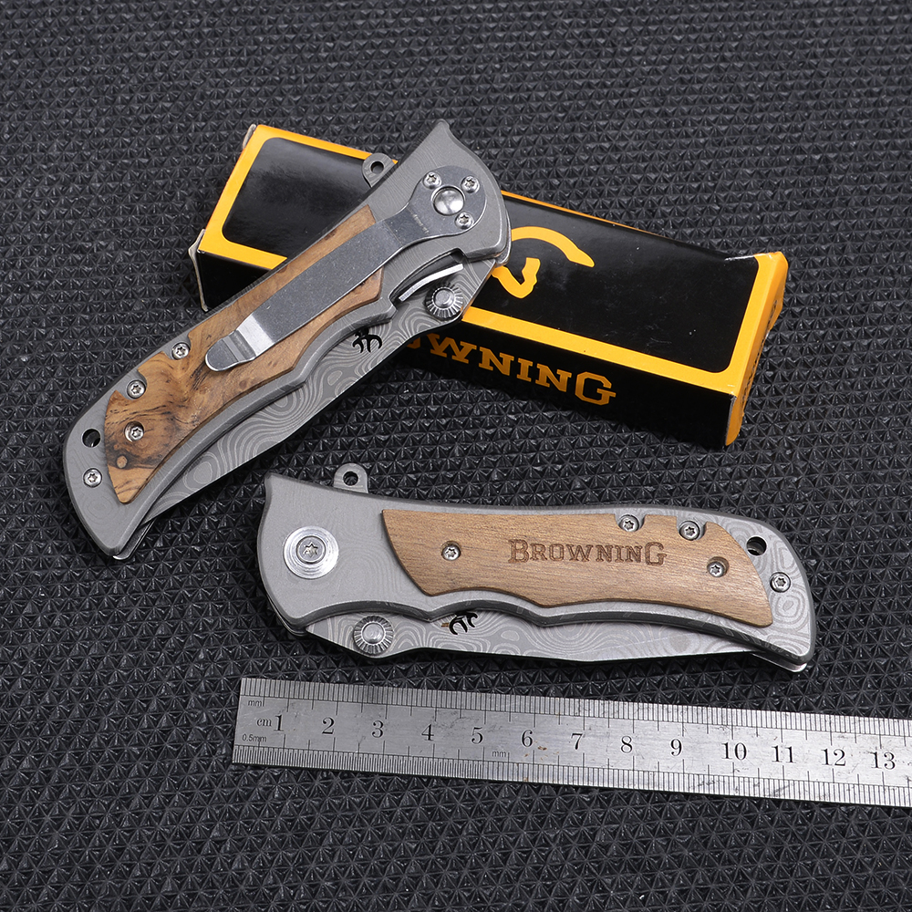 BN-03-04 มีดเดินป่า มีดแคมปิ้ง มีดพับ Browning Outdoor Tools Folding Knife ใบมีดเลเซอร์ลายดามัสกัส 1 290 กรัม
