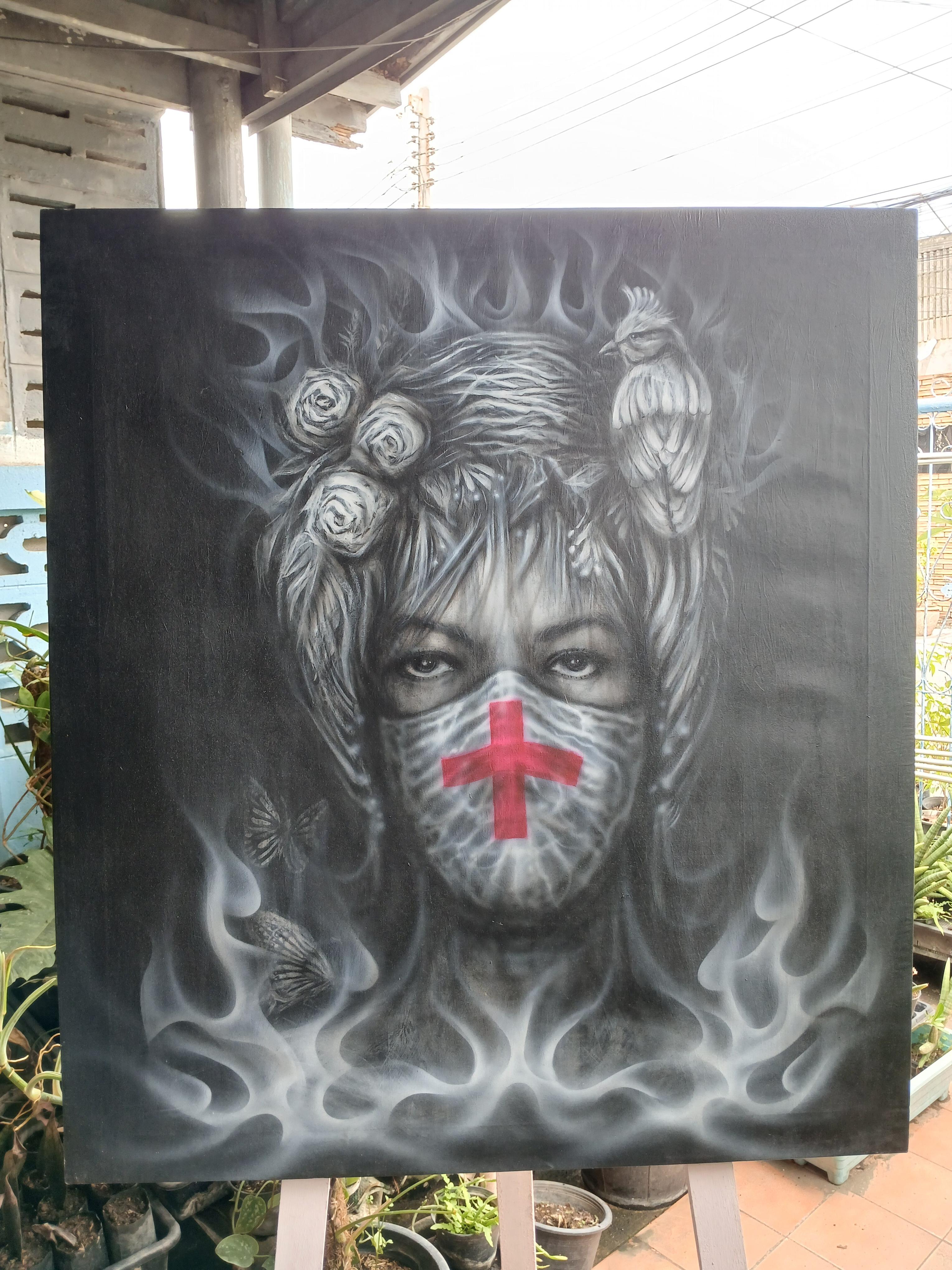 "Miss Earth" ภาพวาดสีอะคริลิค และสีแอร์บรัช Createx งานเพ้นท์บนเฟรมผ้าใบ canvas ขนาด 75 x 84 cm.