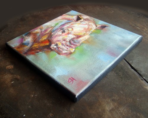 "White Rhino" ภาพวาดสีน้ำมัน เทคนิคเกรียงปาดสี งานเพ้นท์บนเฟรมผ้าใบ canvas ขนาด 20 x 20 cm.