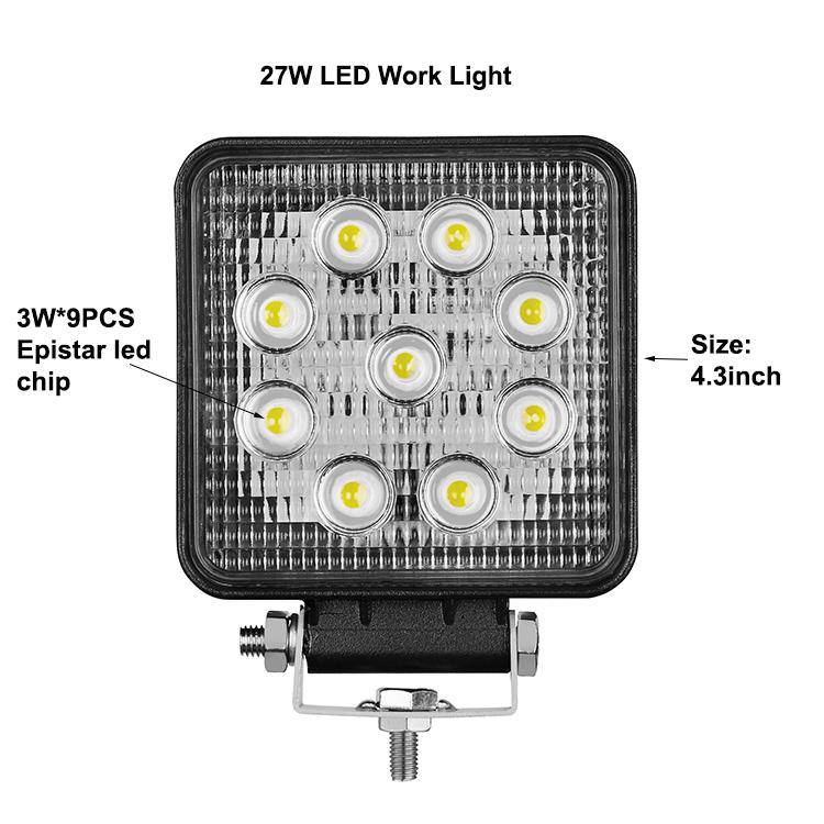 ราคาส่ง รุ่นหนาทนทาน ไฟสปอร์ตไลท์ ไฟรถ ไฟท้าย แบบสี่เหลี่ยม กำลังไฟ 27 Watt ( LED 9 ดวง x 3Watt) ไฟ 12V-24V เเสงขาว จำนวน 1 โคม