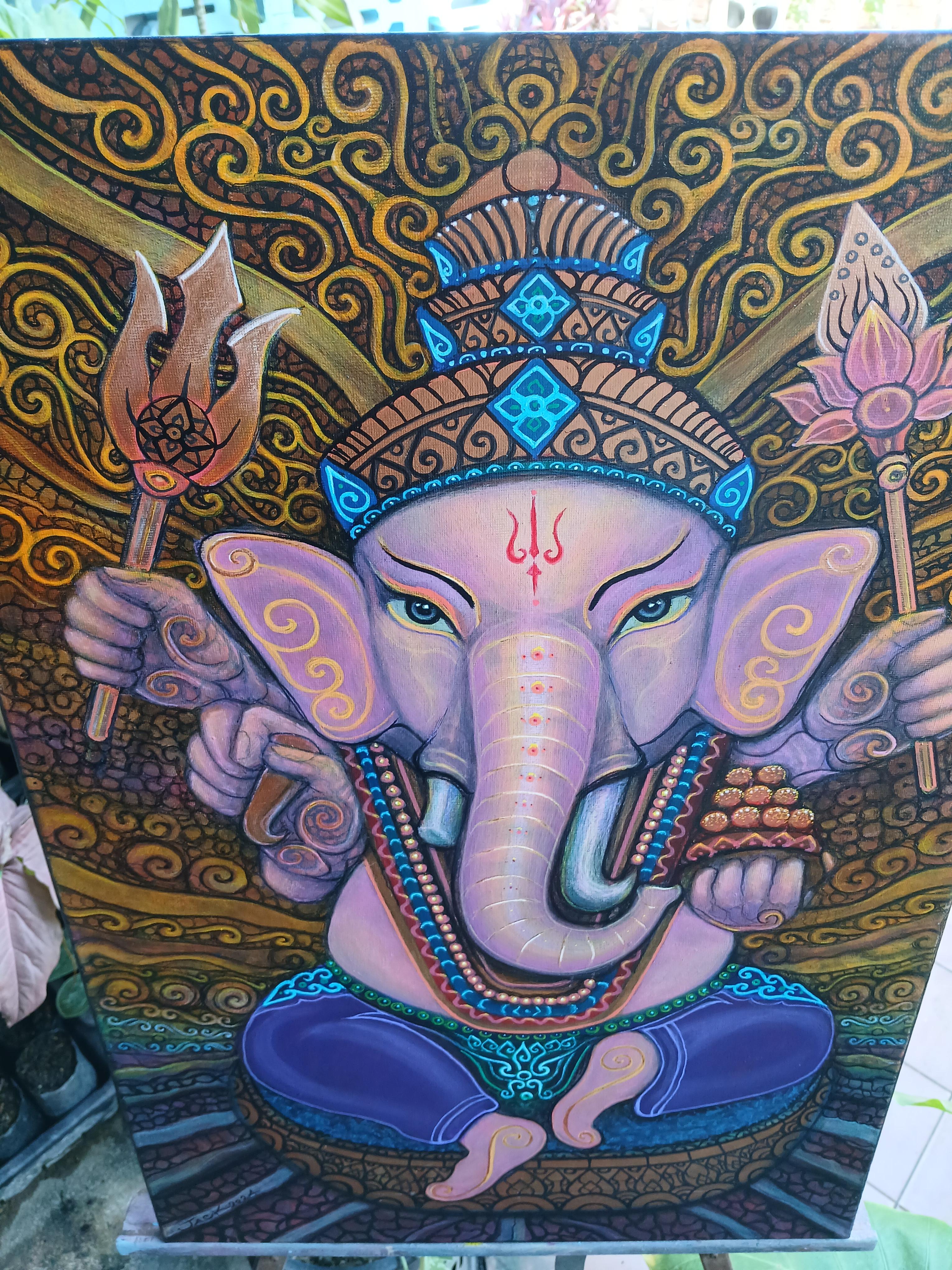 GANESHA พระพิฆเนศ ภาพวาดสีอะครีลิคบนเฟรมผ้าใบ ขนาด 40 cm. x 60 cm. (งานวาดต้นฉบับ มีชิ้นเดียว ไม่ใช่ภาพพิมพ์หรือโปสเตอร์)