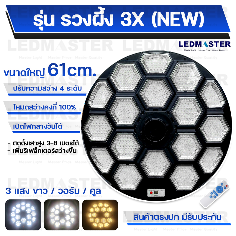 LMT (NEW เปิดได้ 3 เเสง)โคม UFO โซล่าเซลล์ รุ่นรวงผึ้ง 3X (เเสงขาว/วอร์ม/คลู) ใหญ่ 61 CM สว่างสุดๆ โหมดสว่างคงที่ ปรับความสว่างได้ 4 ระดับ ไฟสปอร์ตไลท์โซล่าเซลล์ Solar light ไฟทางโซล่าเซล