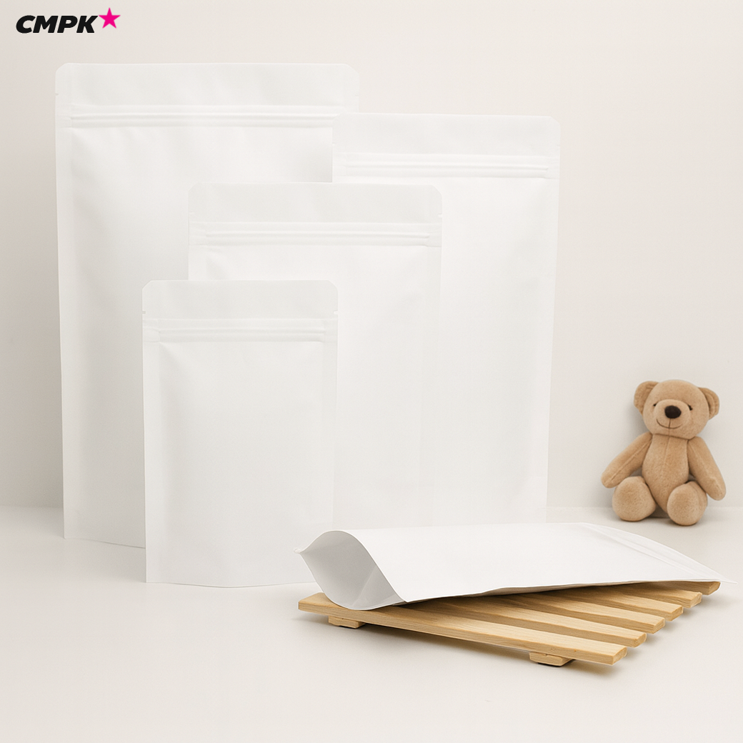 (50ใบ) ถุงคราฟท์ มีซิป สีขาว/น้ำตาล ตั้งได้ ด้านในเป็นฟอยล์กันชื้น ป้องกันอากาศได้ดี