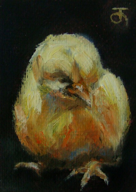"ไก่ อ่อน ๑" Chick 01 ACEO ภาพวาดสีน้ำมันบนกระดาษ Canson 140 lbs ขนาด 2.5 x 3.5 นิ้ว