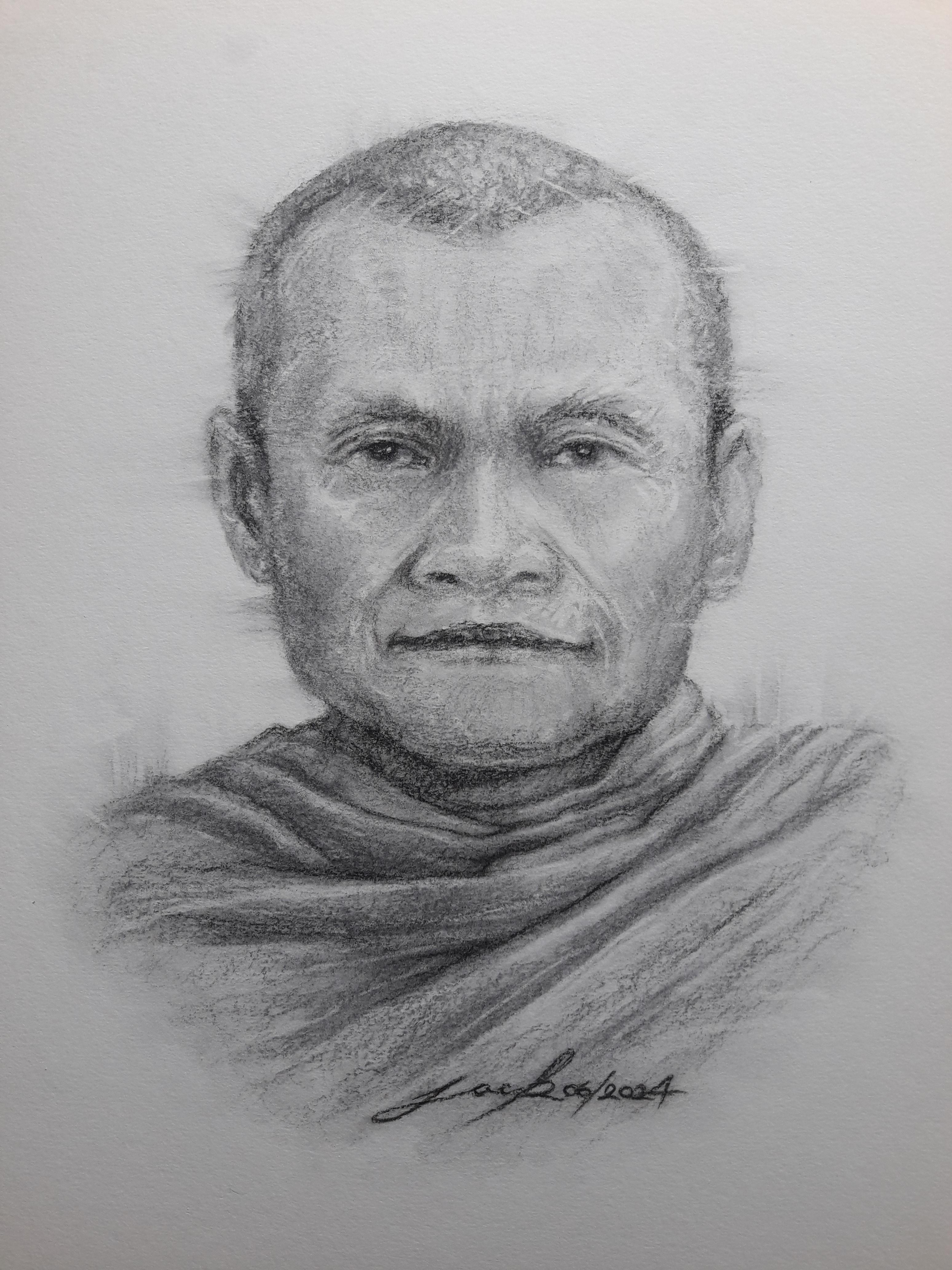 หลวงปู่ชา วัดหนองป่าพง จ.อุบลราชธานี ภาพวาดดินสอ ชาโคล กระดาษ 200 แกรม ขนาด 27.5 cm. x 37.5 cm. งานวาด ไม่ใช่ภาพพิมพ์หรือโปสเตอร์ครับ