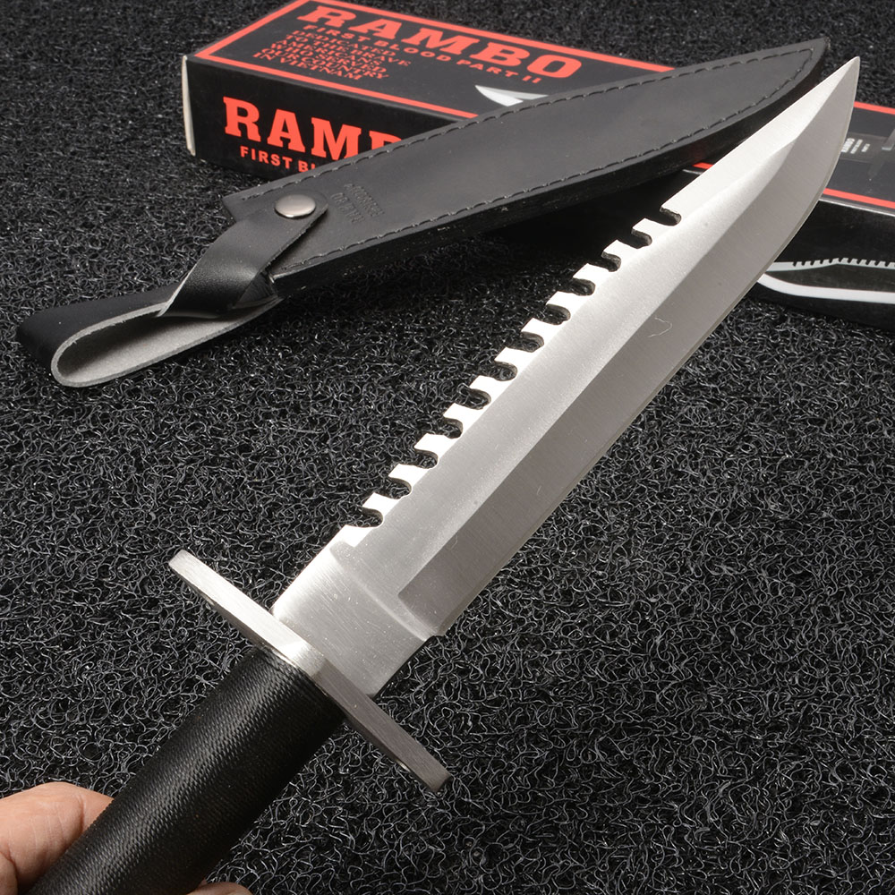 Rambo Part II มีดใบตาย มีดเดินป่า มีดแคมปิ้ง มีดแรมโบ้ 2 พร้อมซองมีดหนังสีดำ ยาวรวมด้าม 13.5 นิ้ว#RB-115 1 740 กรัม Black 13.5 inch.