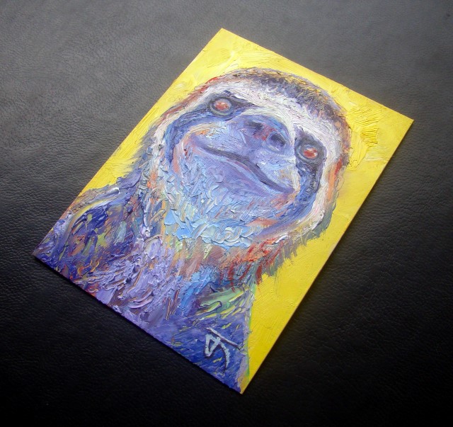 ACEO-ฺSloth ภาพวาดสีน้ำมัน บนกระดาษ art card ขนาด 2.5 x 3.5 นิ้ว