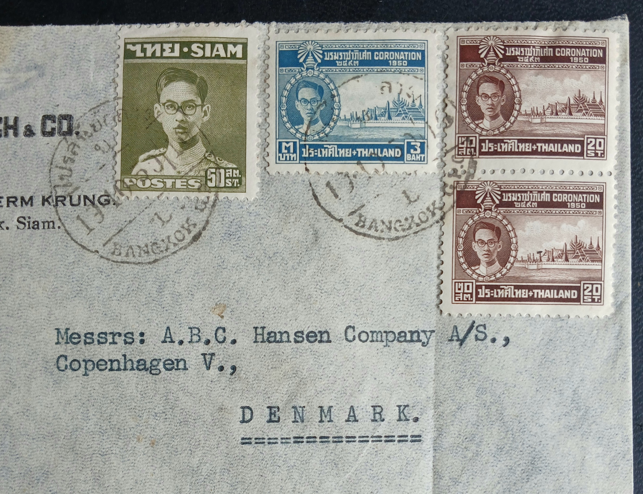 s3476-ซองจดหมายเก่า BANGKOK-DENMARK ป้ายR SIAM / Bangkok G.P.O.3099 ลงทะเบียน/REGISTERED ติดแสตมป์พระรูป ร.9 SIAM ปี 2492, บรมราชาภิเษก 2493 (ราคาหน้าดวง รวม 3 บาท 90 สตางค์) มีตราประทับ ไปรษณีย์กลาง 1950 พ.ศ.2493