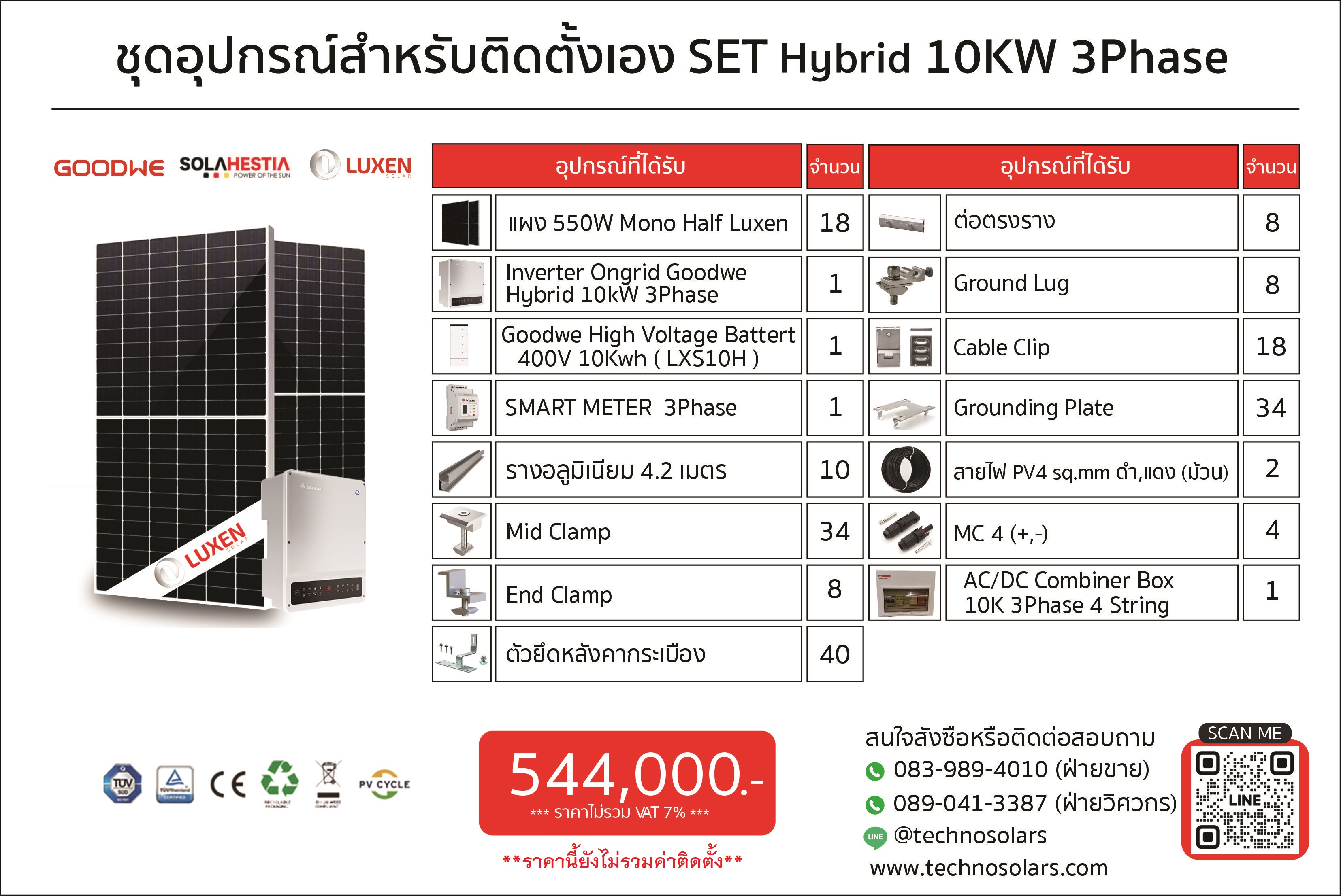 ชุดโซล่าเซลล์ไฮบริดพร้อมแบตเตอรี่สำรองไฟ 10kW 3Phase