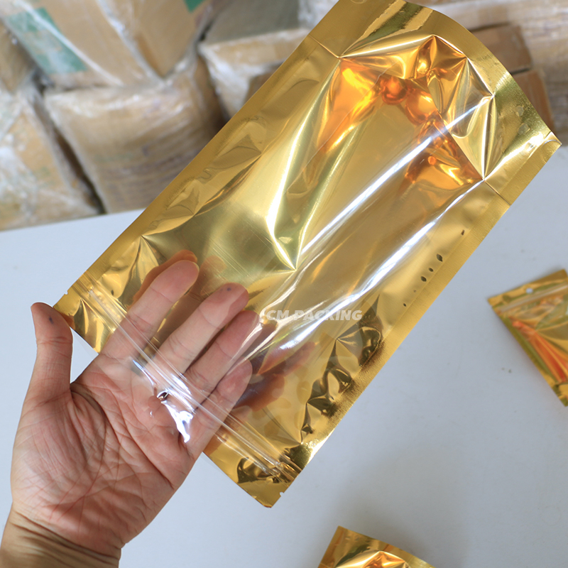 ถุงซิป สีทอง หน้าใส หลังทอง ตั้งได้ ใสวิ้ง สำหรับใส่ขนม ของกิน ผลไม้อบแห้ง (50 ใบ)