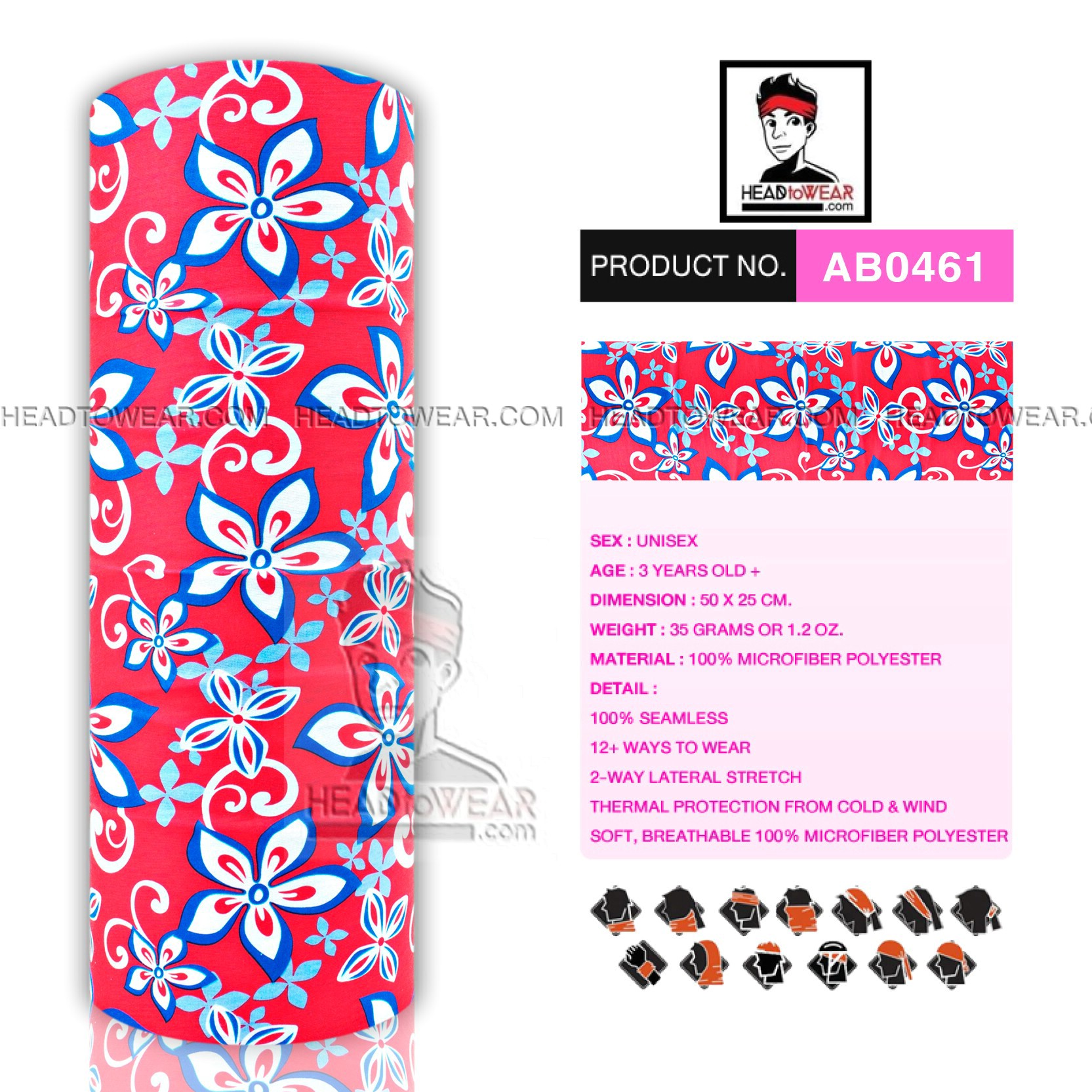 ผ้าโพกหัว ผ้าบัฟ ผ้าคาดผม HeadToWear ลายดอกไม้พื้นแดง Flower รหัส AB0461