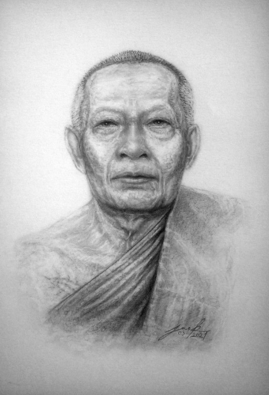 หลวงพ่อสาคร วัดหนองกรับ จ.ระยอง ภาพวาดดินสอ ชาโคล กระดาษ 100 ปอนด์ ขนาด A3 งานวาดต้นฉบับ ไม่ใช่ภาพพิมพ์หรือโปสเตอร์ครับ