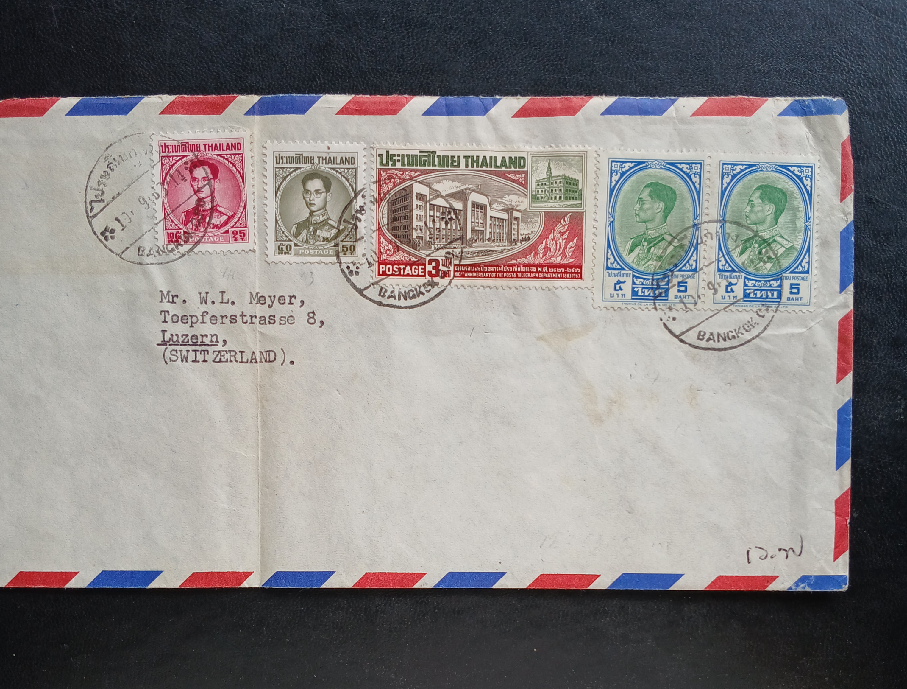 ซองจดหมายเก่า ปี 2506 (1963) BANGKOK-Luzern SWITZERLAND ติดแสตมป์พระรูป ร.9 ชุดสาม ปี 2504, ชุดสี่ ปี 2506, 80 ปี ไปรษณีย์โทรเลข ปี 2506 มีตราประทับ ไปรษณีย์กลาง 1963