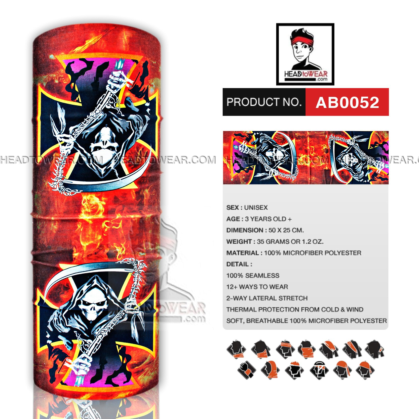 ผ้าโพกหัว ผ้าบัฟ ผ้าคาดผม HeadToWear ลายซาตาน รหัส AB0052