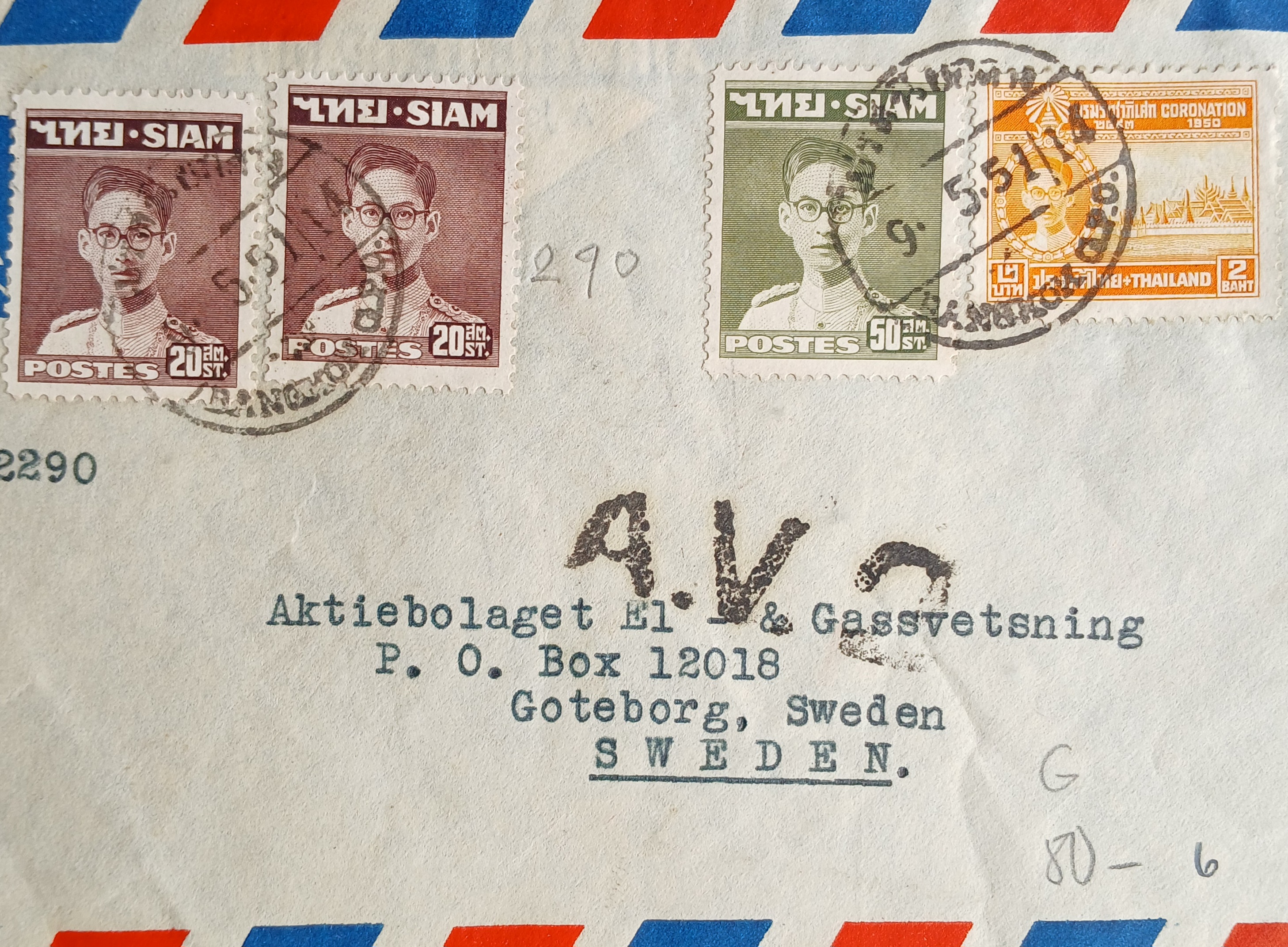 s3478-ซองจดหมายเก่า BANGKOK-Goteborg SWEDEN A.V.2 airmail cover ติดแสตมป์พระรูป ร.9 SIAM ปี 2490-92, บรมราชาภิเษก 2493 (ราคาหน้าดวง รวม 2 บาท 90 สตางค์) มีตราประทับไปรษณีย์กลาง 1951 พ.ศ.2494