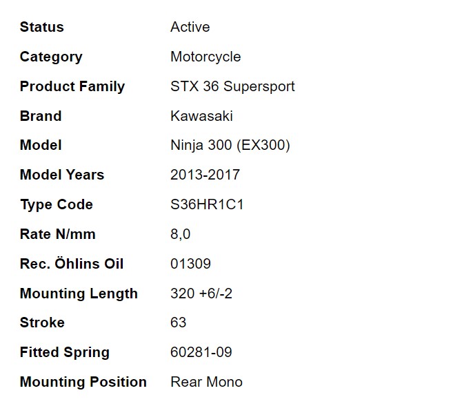 โช๊คหลัง OHLINS KA 717 FOR KAWASAKI NINJA250-300 RACING