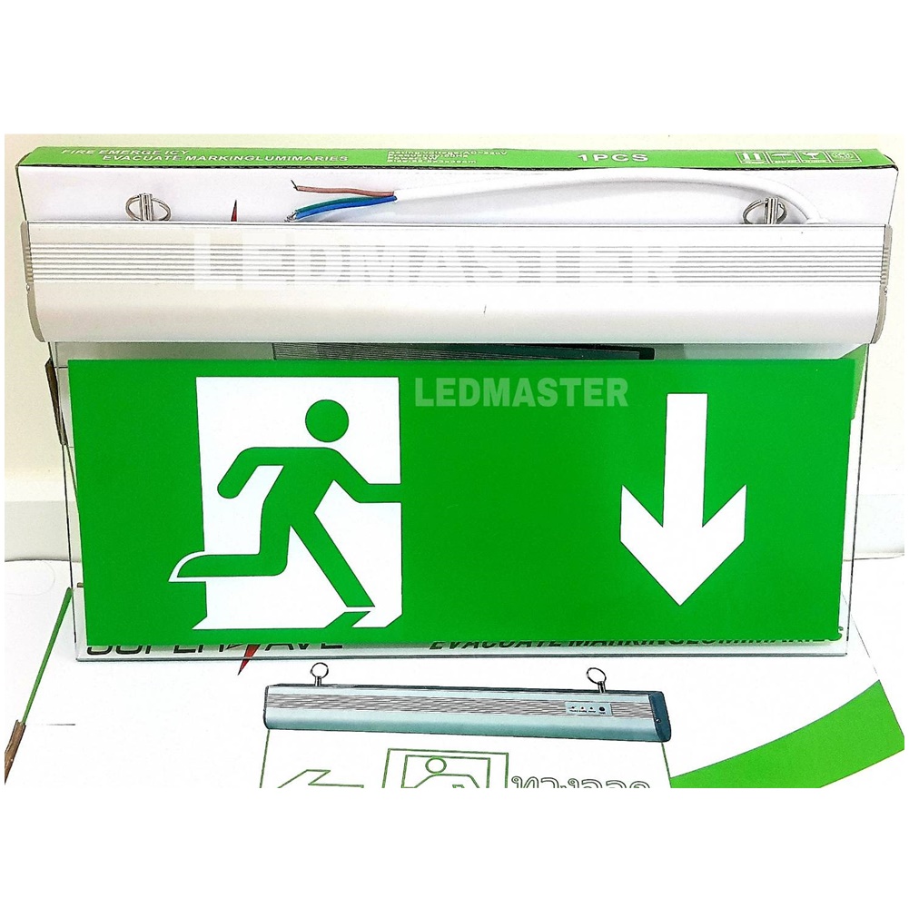 Led emergency sign ป้ายไฟทางออก พื้นเขียว สัญลักษณ์คนวิ่ง ลูกศรชี้ลง