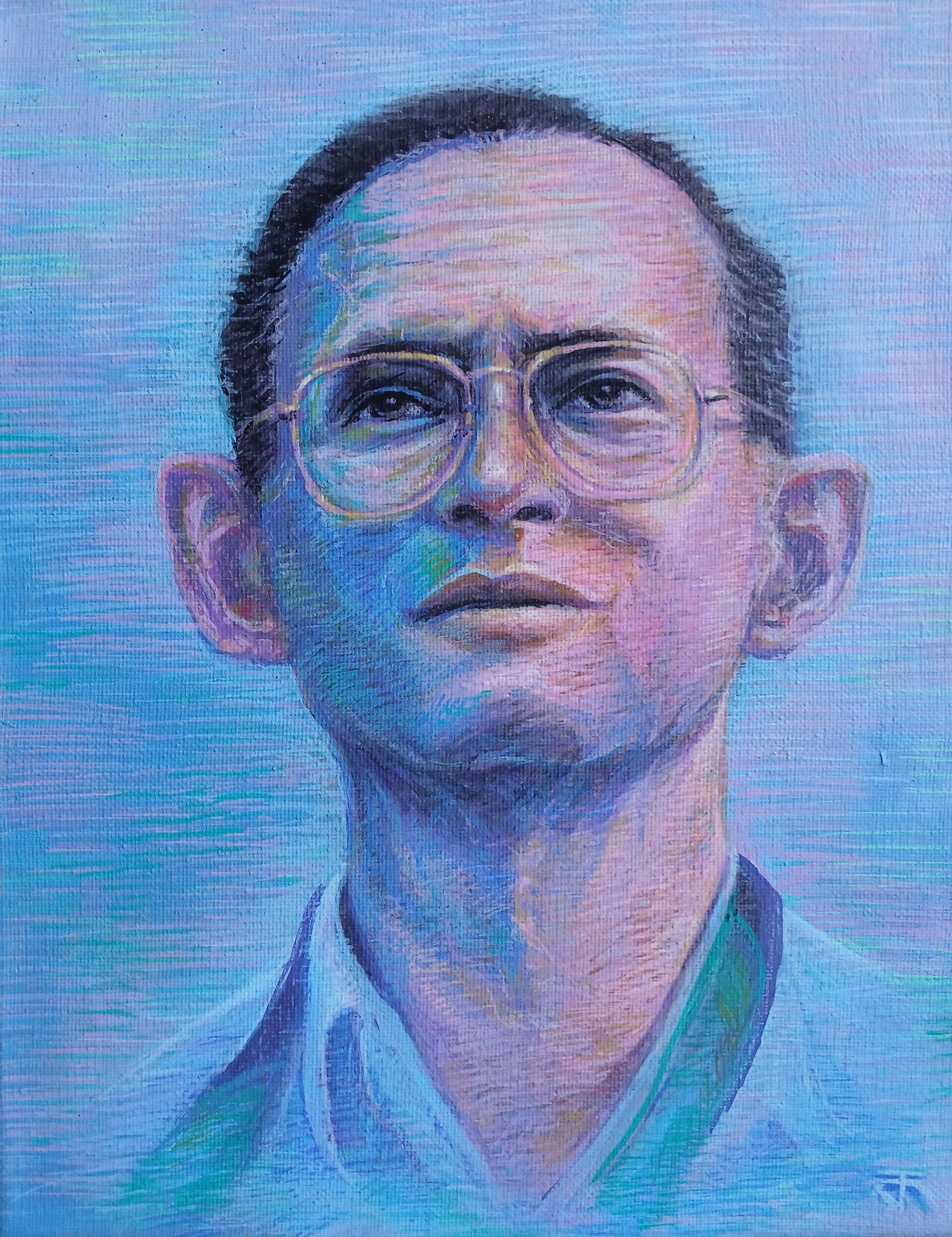 ภาพวาด ในหลวง รัชกาลที่ 9 สีอะครีลิคและวาดเส้นปากกาอะครีลิค แนว colorful บนเฟรมผ้าใบ ขนาด 24 cm. x 29.5 cm.(ประมาณ a4) งานวาด มีชิ้นเดียว ไม่ใช่ภาพพิมพ์หรือโปสเตอร์