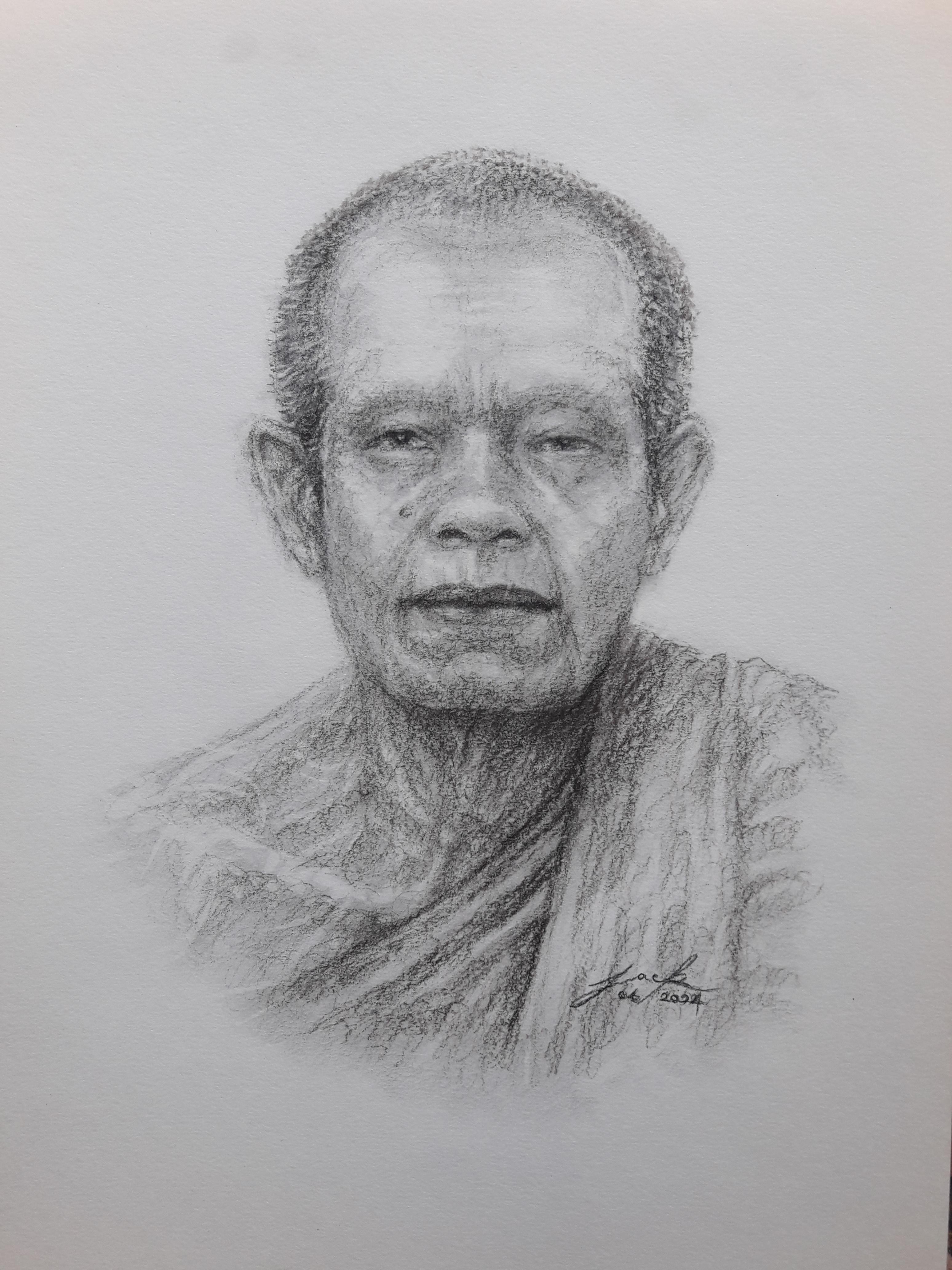 หลวงพ่อคูณ วัดบ้านไร่ นครราชสีมา ภาพวาดดินสอ ชาโคล กระดาษ 200 แกรม ขนาด 27.5 cm. x 37.5 cm. งานวาด ไม่ใช่ภาพพิมพ์หรือโปสเตอร์ครับ
