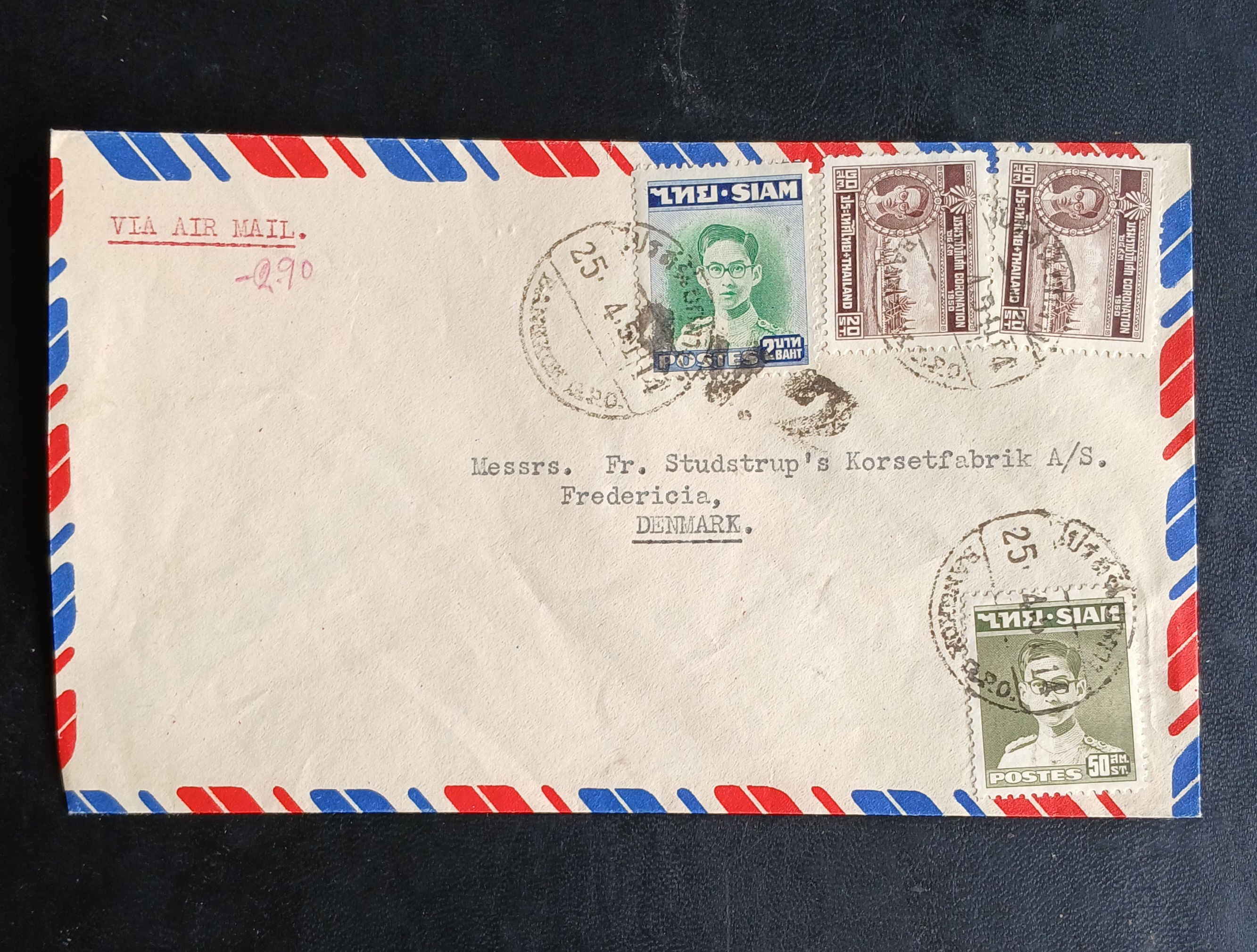 s3472-ซองจดหมายเก่า BANGKOK-DENMARK A.V.2 airmail cover ติดแสตมป์พระรูป ร.9 SIAM ปี 2491-92, บรมราชาภิเษก 2493 (ราคาหน้าดวง รวม 2 บาท 90 สตางค์) มีตราประทับ ไปรษณีย์กลาง 1951 พ.ศ.2494