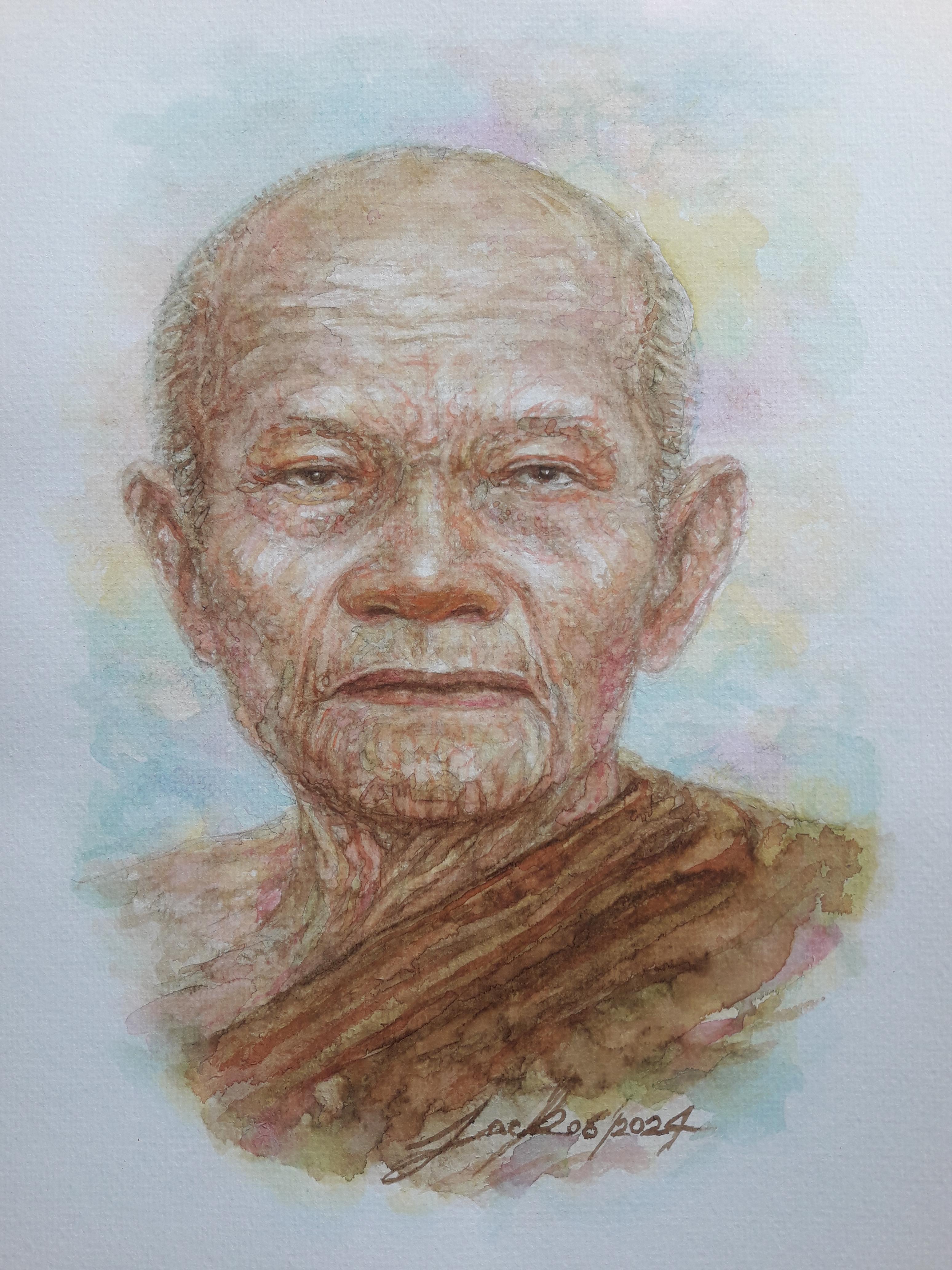 หลวงตาพระมหาบัว วัดป่าบ้านตาด จ.อุดรธานี ภาพวาดสีน้ำ-กาแฟ บนกระดาษ Canson 320 แกรม ขนาด [A4] 21 cm. x 29.7 cm.งานวาด ไม่ใช่ภาพพิมพ์หรือโปสเตอร์ครับ