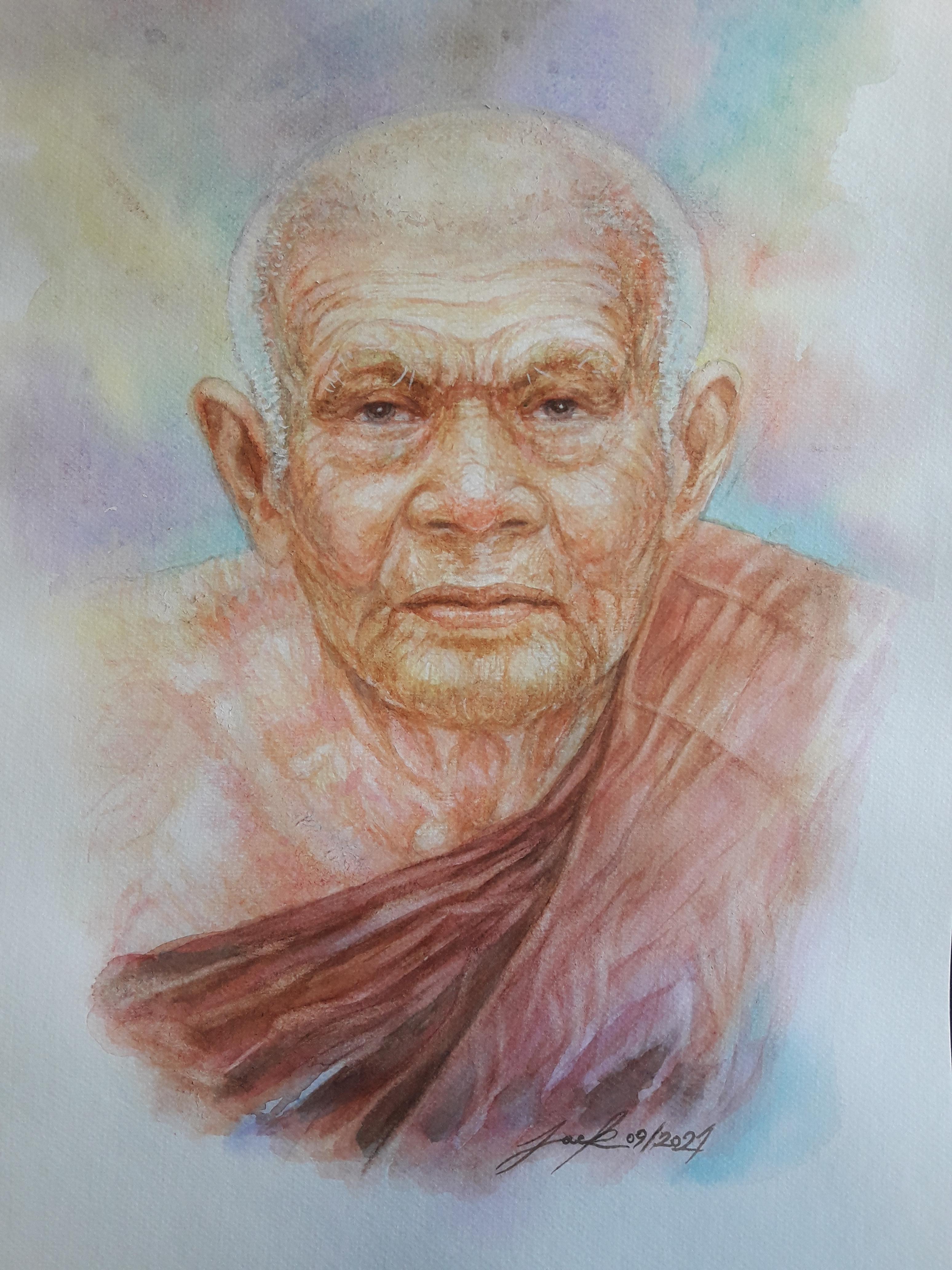 หลวงปู่ทวด วัดช้างให้ ปัตตานี ภาพวาดสีน้ำ บนกระดาษ Canson 320 แกรม ขนาด A3 งานวาดต้นฉบับ ไม่ใช่ภาพพิมพ์หรือโปสเตอร์ครับ