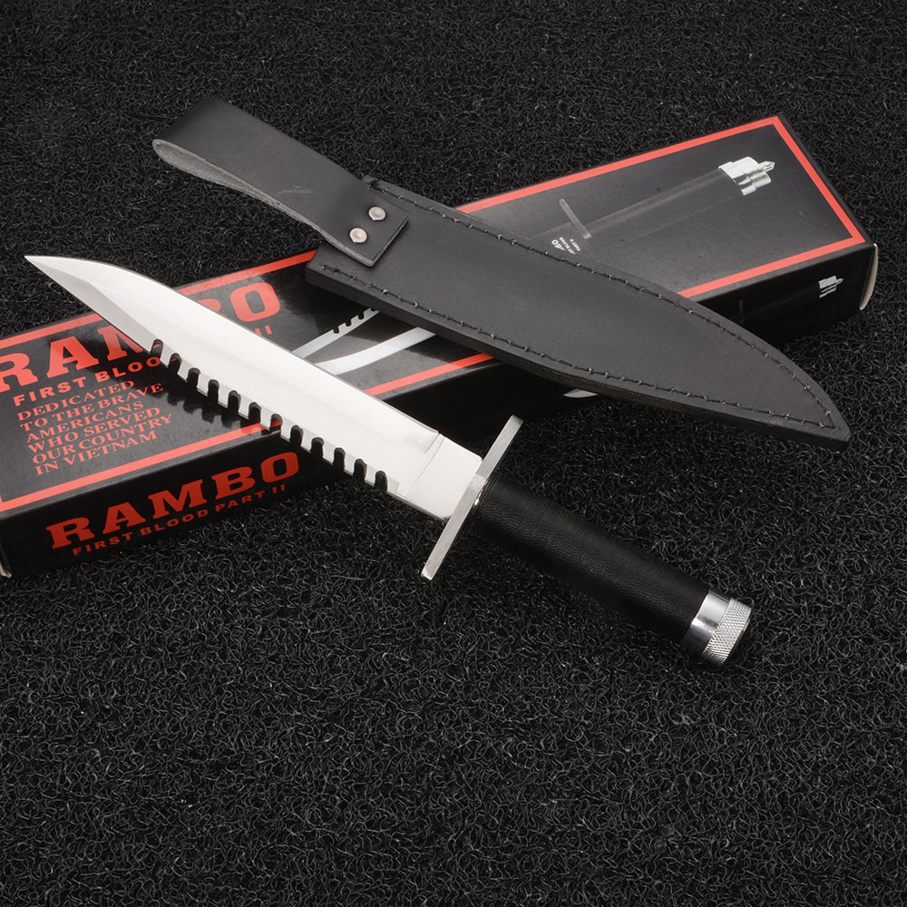 Rambo Part II มีดใบตาย มีดเดินป่า มีดแคมปิ้ง มีดแรมโบ้ 2 พร้อมซองมีดหนังสีดำ ยาวรวมด้าม 13.5 นิ้ว#RB-115 1 740 กรัม Black 13.5 inch.