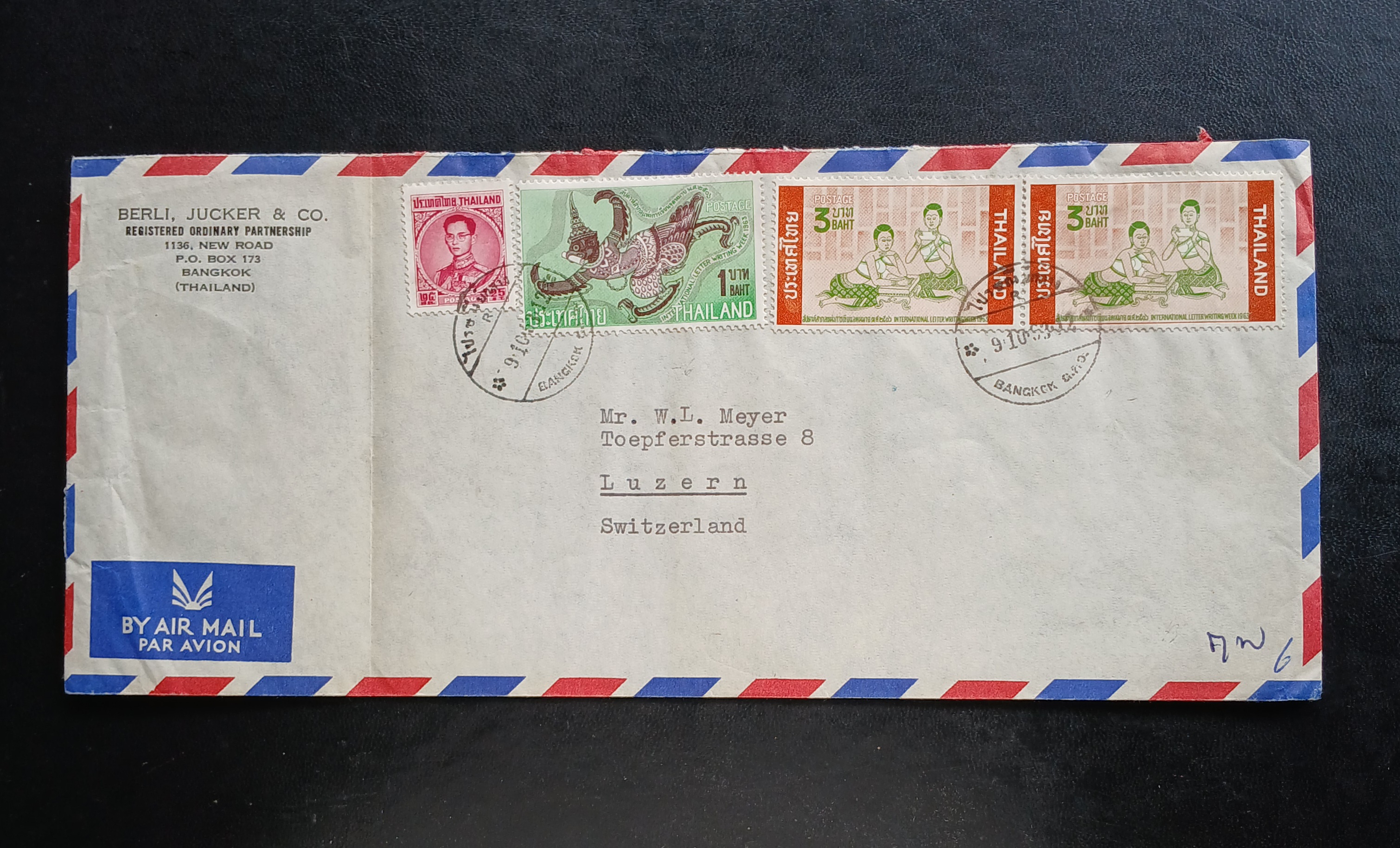 ซองจดหมายเก่า ปี 2506 (1963) BANGKOK-Luzern SWITZERLAND ติดแสตมป์พระรูป ร.9 ชุดสี่ ปี 2506, สัปดาห์ฯจดหมาย ปี 2506 มีตราประทับ ไปรษณีย์กลาง 1963