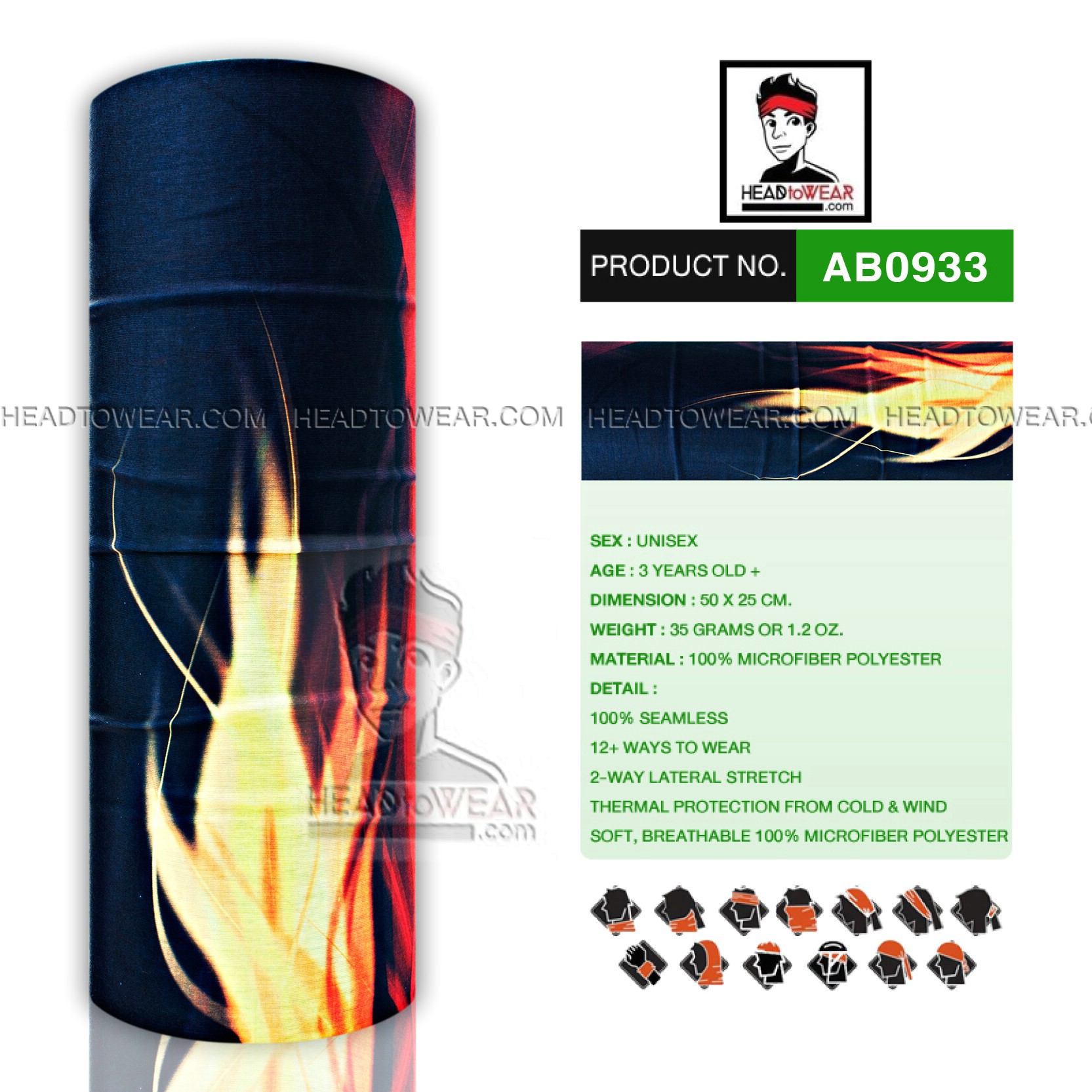 ผ้าโพกหัว ผ้าบัฟ ผ้าคาดผม HeadToWear ลายเปลวไฟ รหัส AB0933