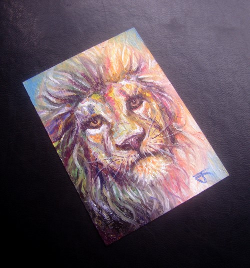 ACEO-ฺLion ภาพวาดสีน้ำมัน บนกระดาษ 300 แกรม ขนาด 2.5 x 3.5 นิ้ว