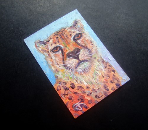 ACEO-ฺCheetah no.2 ภาพวาดสีน้ำมัน บนกระดาษ 300 แกรม ขนาด 2.5 x 3.5 นิ้ว