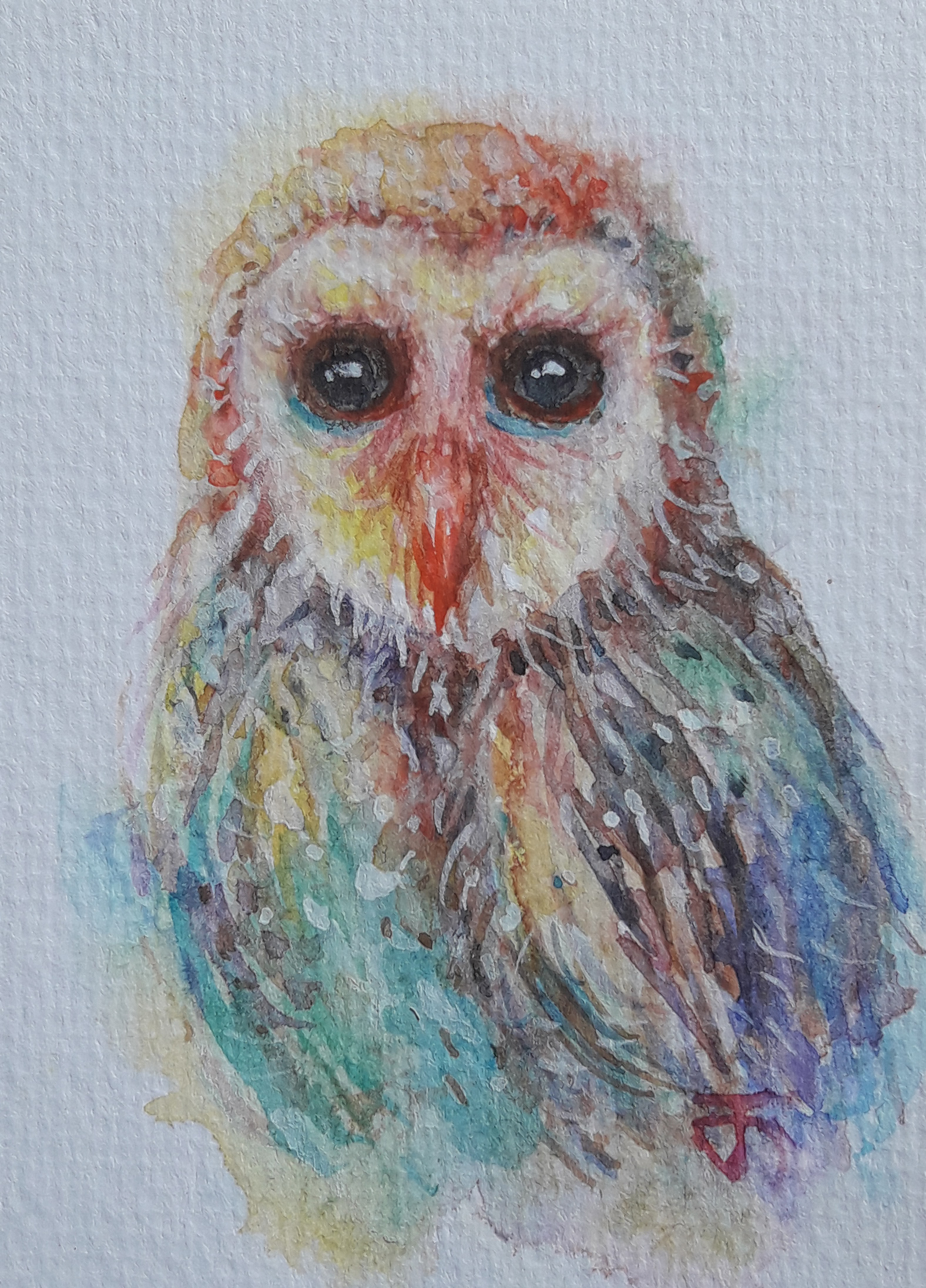 ACEO-ฺOwl no.18 งานอาร์ตการ์ด ภาพวาดสีน้ำ บนกระดาษ 300 แกรม ขนาด 2.5 x 3.5 นิ้ว งานขนาดเล็ก ประมาณบัตร ATM