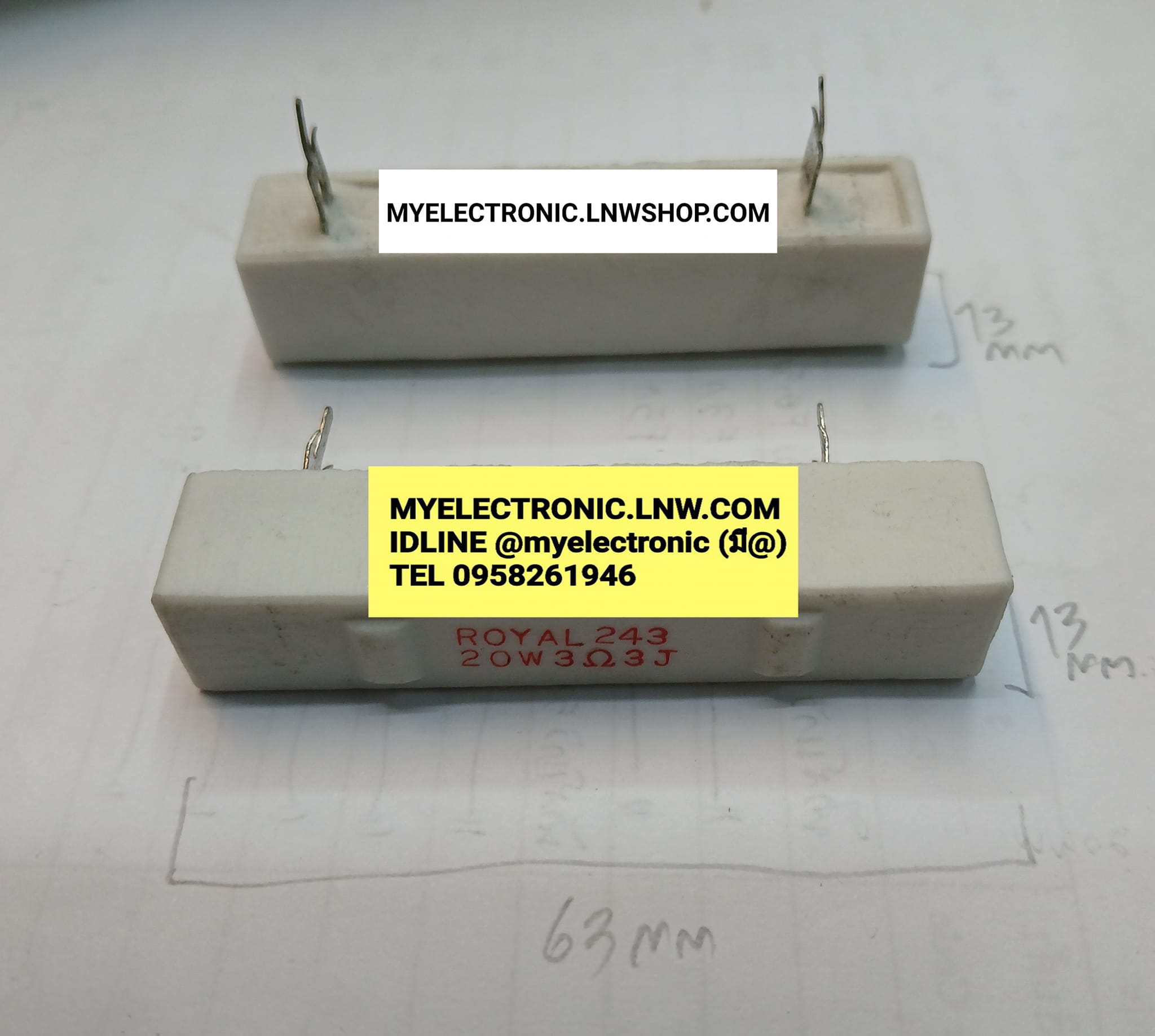 ขาย 3.3โอห์ม20วัตต์ Rกระเบื้อง20W 3.3ohm20W Rเซรามิคทนความร้อน 3R3 20W ATT R20Wขนาดยาว62mmสูง12mm กว้างหนา12mm.Rเซรามิค 3.3OHM 20WATT 20W3R3 ยี่ห้อ ROLAY OHME ราคา ตัวละ . . . . . . . หน่วย บาท