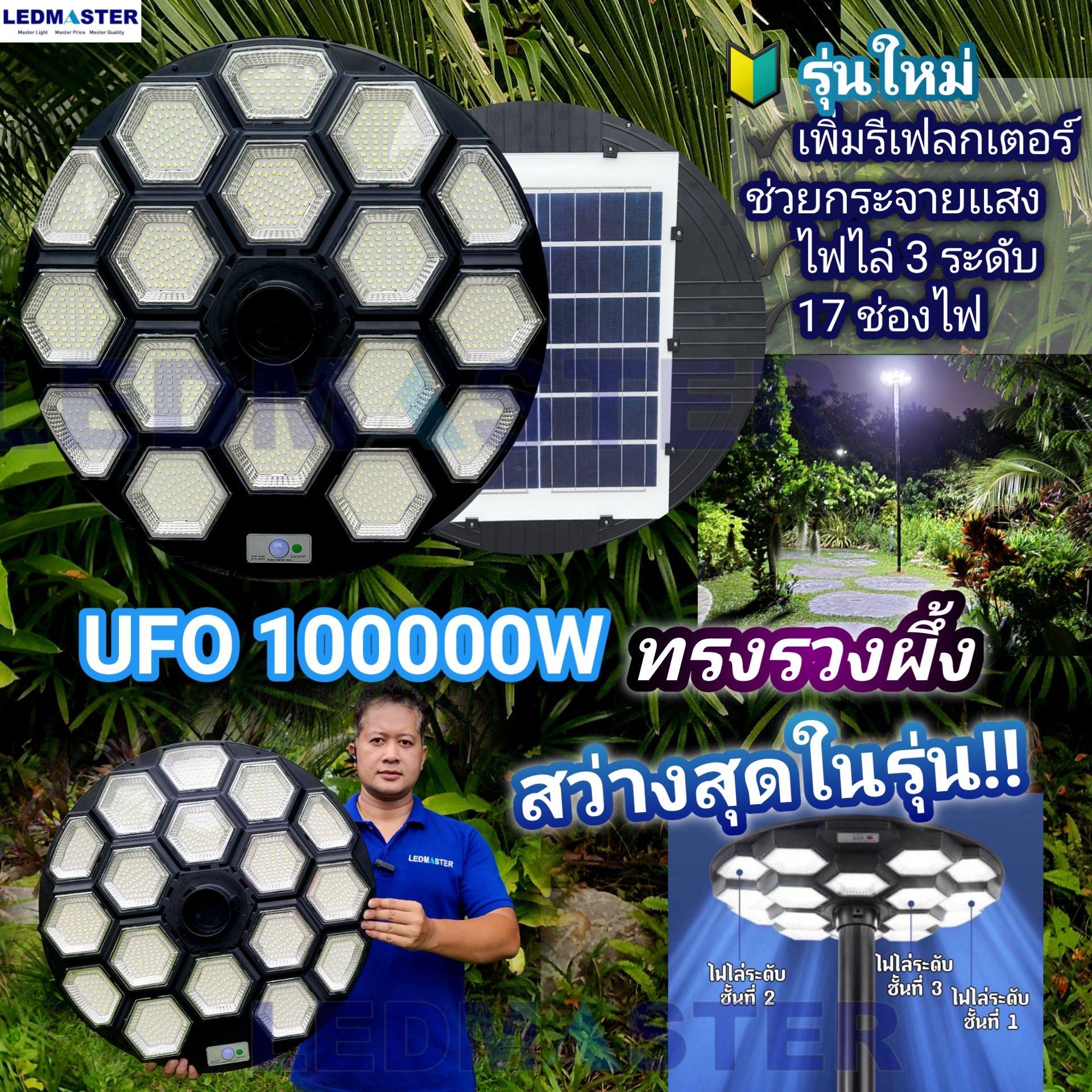 ใหม่ ไฟโซล่าเซลล์ UFO 100000W รวงผึ้ง สว่างสุด 17 ช่องไฟ มีรีเฟล็กเตอร์เพิ่มความสว่าง งานคุณภาพ ไฟสนามพลังงานแสงอาทิตย์ ไฟถนน SolarStreet ไฟทางโซล่าเซล