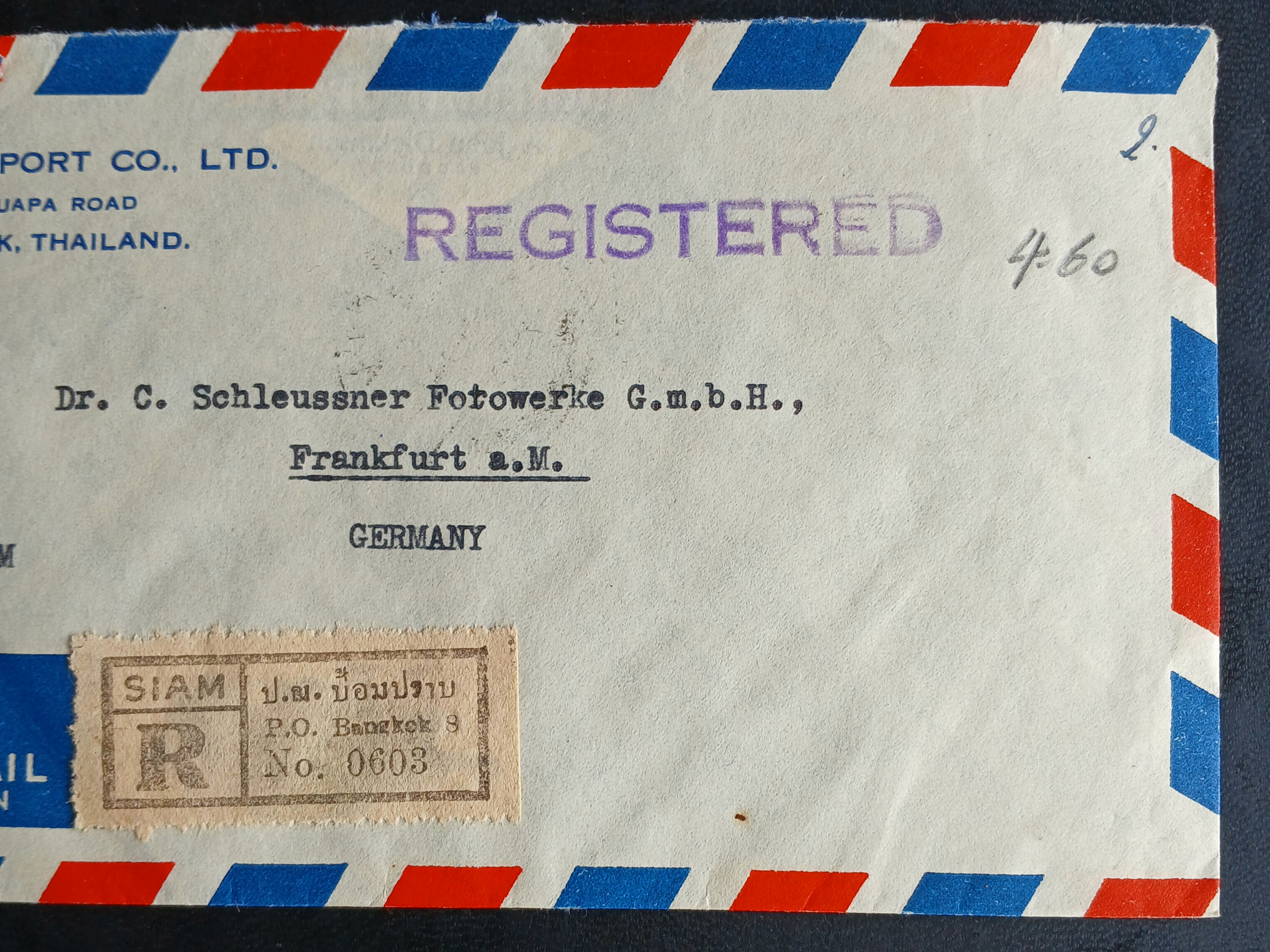s3479-ซองจดหมายเก่า BANGKOK-GERMANY ป้ายR /SIAM ป.ณ.ป้อมปราบ /REGISTERED ติดแสตมป์พระรูป ร.9 SIAM ปี 2492, THAILAND 2494, บรมราชาภิเษก 2493 (ราคาหน้าดวง รวม 4 บาท 60 สตางค์) มีตราประทับป้อมปราบ 1951, ไปรษณีย์กลาง 2494, FRANKFURT 1951