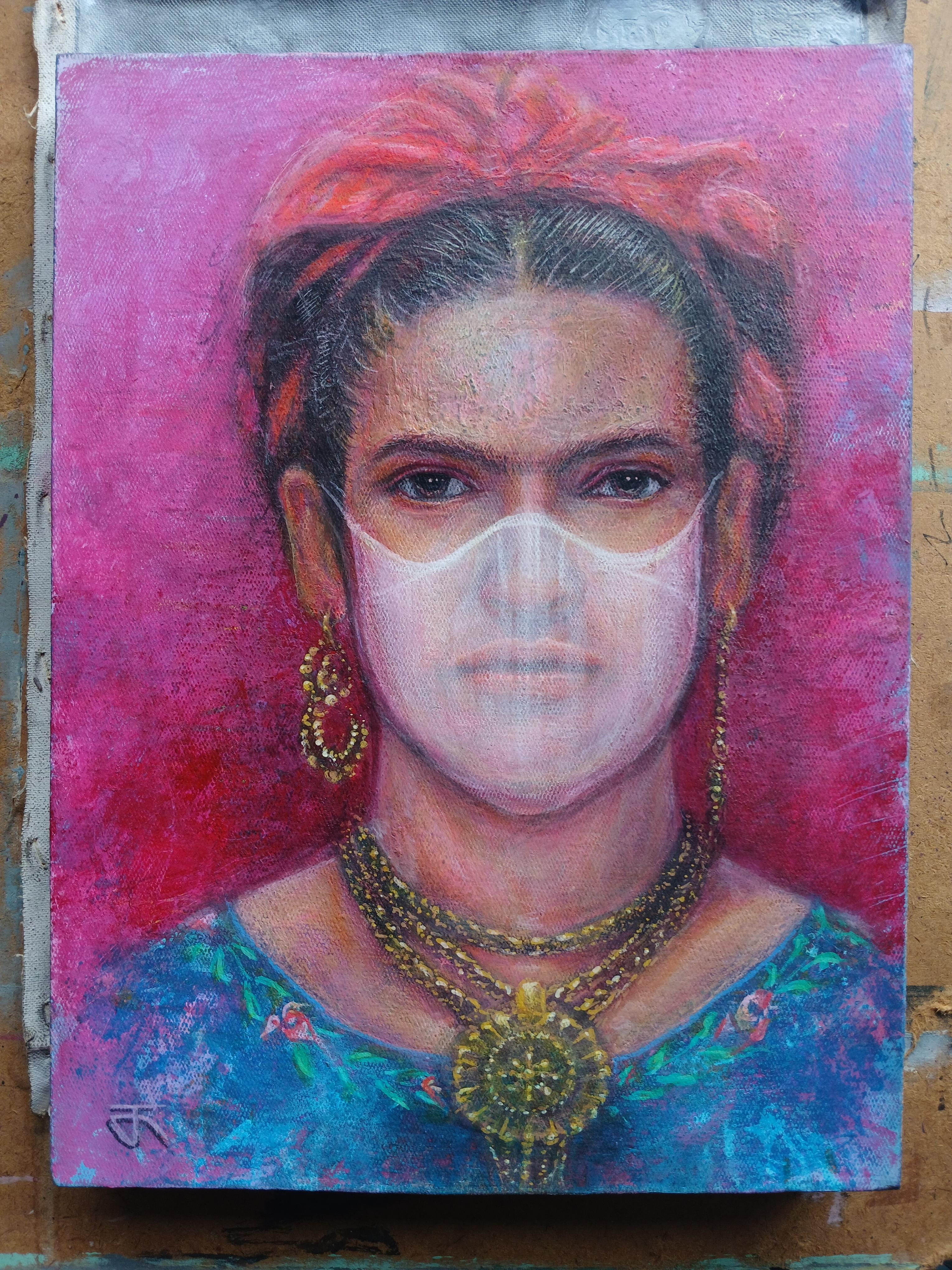 Frida Kahlo ภาพวาดสีอะครีลิค บนเฟรมผ้าใบ แสดงพื้นผิวไม่เรียบบางส่วน ขนาด 30 cm. x 40 cm. ขอบหนา 3 cm. งานเคลือบวานิชแล้วครับ