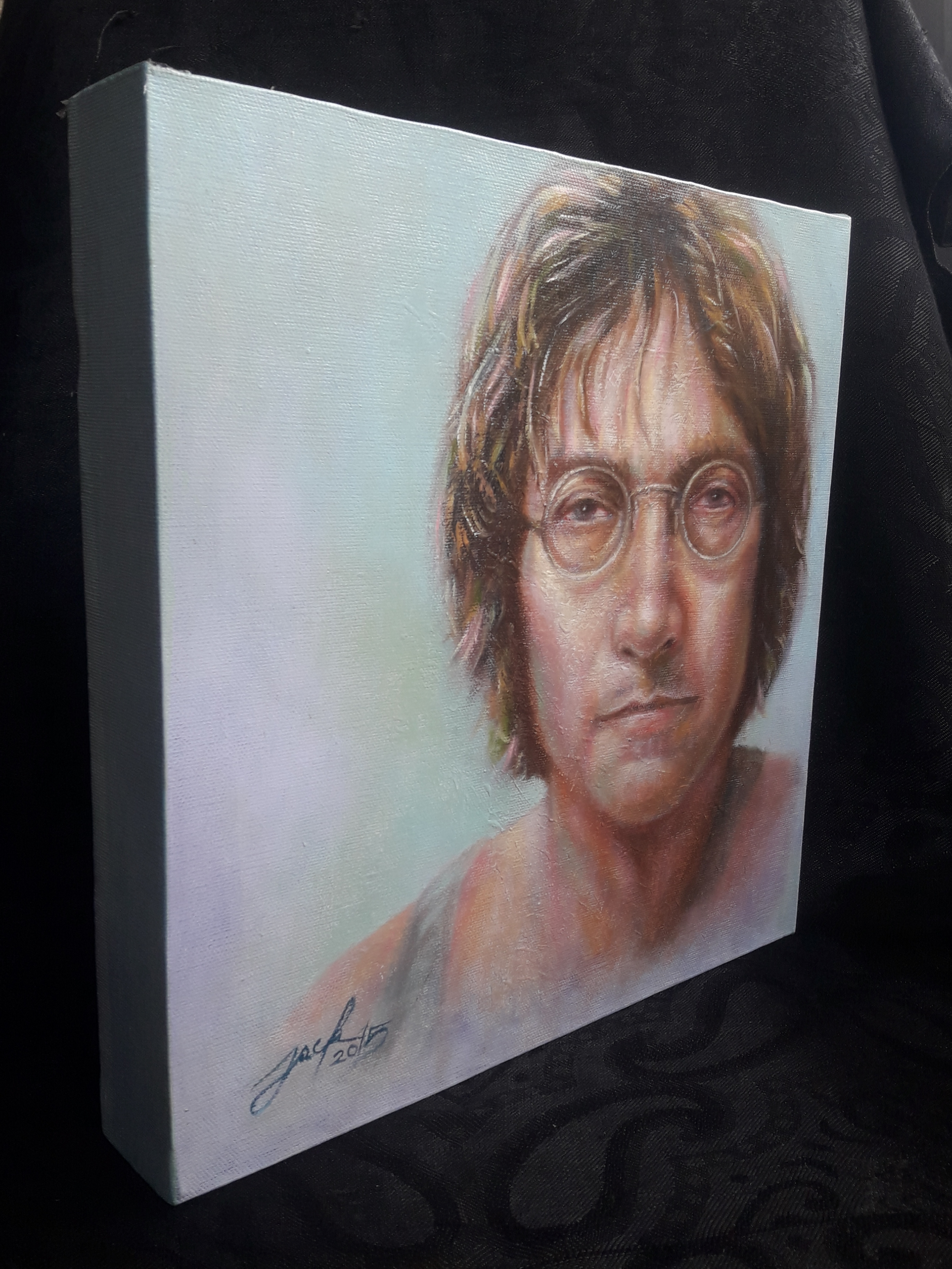John Lennon ภาพวาดสีน้ำมัน บนเฟรมผ้าใบ ขนาด 30 x 30 cm. [เฟรมแบบขอบหนา 4.5 cm.] งานเพ้นท์ไม่ใช่งานพิมพ์หรือโปสเตอร์