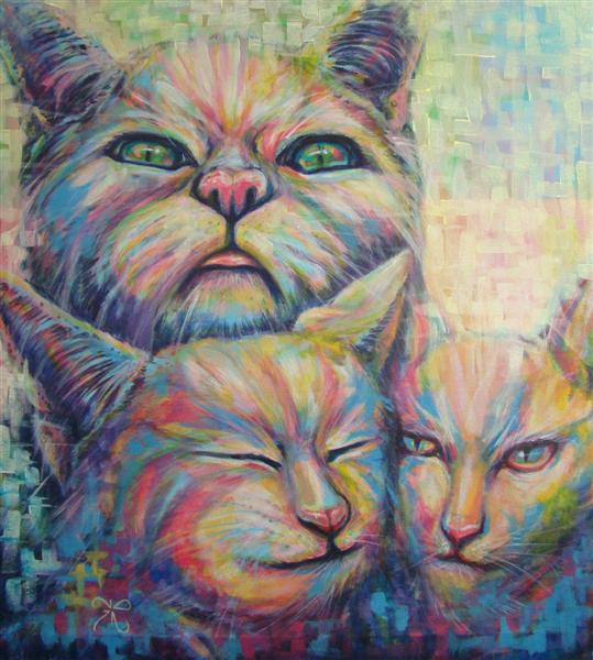 3 Cats ภาพวาดสีอะครีลิค ขนาด 75x84 cm.