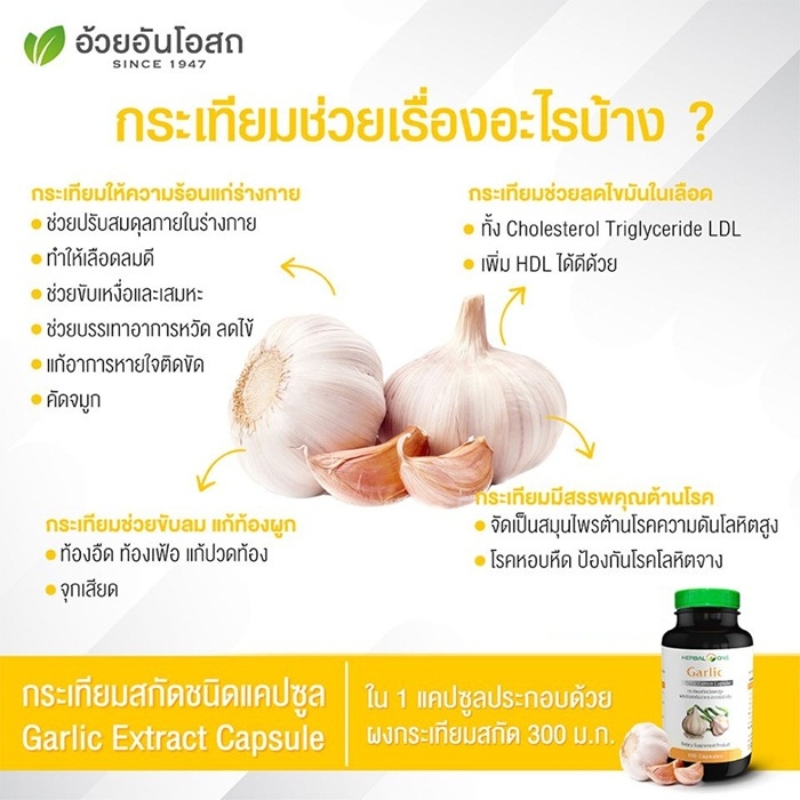 การ์ลิค กระเทียมสกัดชนิดแคปซูล อ้วยอันโอสถ เฮอร์บัลวัน Herbal One
